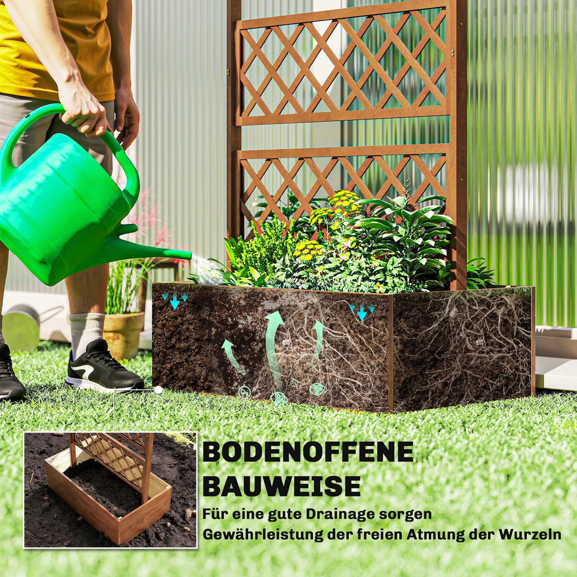 Medinė pakelta lysvė su stogeliu ir sienele vijokliams, kaimiško stiliaus, ruda