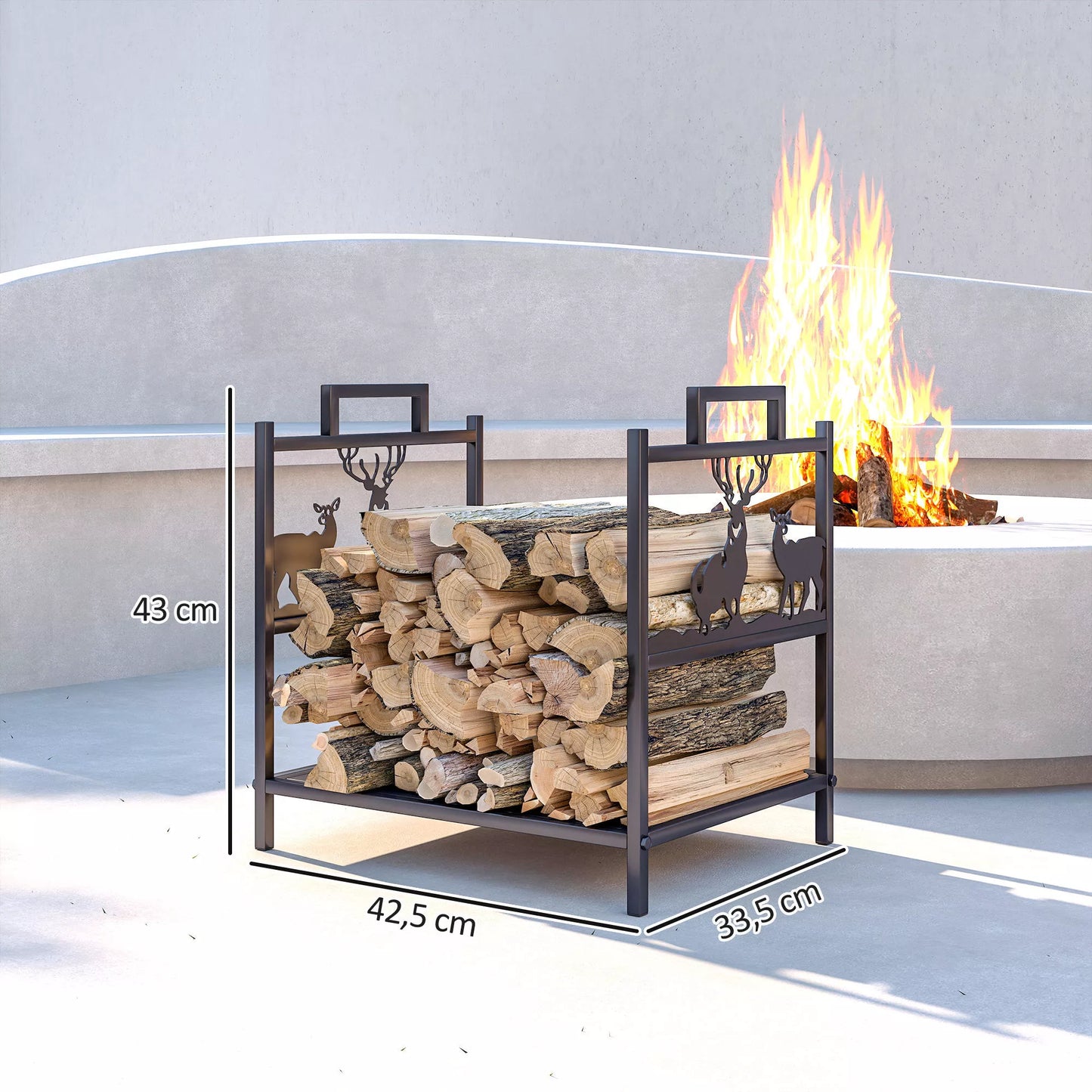 Laikiklis malkoms vidaus patalpoms 42,5 x 33,5 x 43 cm Stovas malkoms židiniui, krosnelei iš juodo metalo
