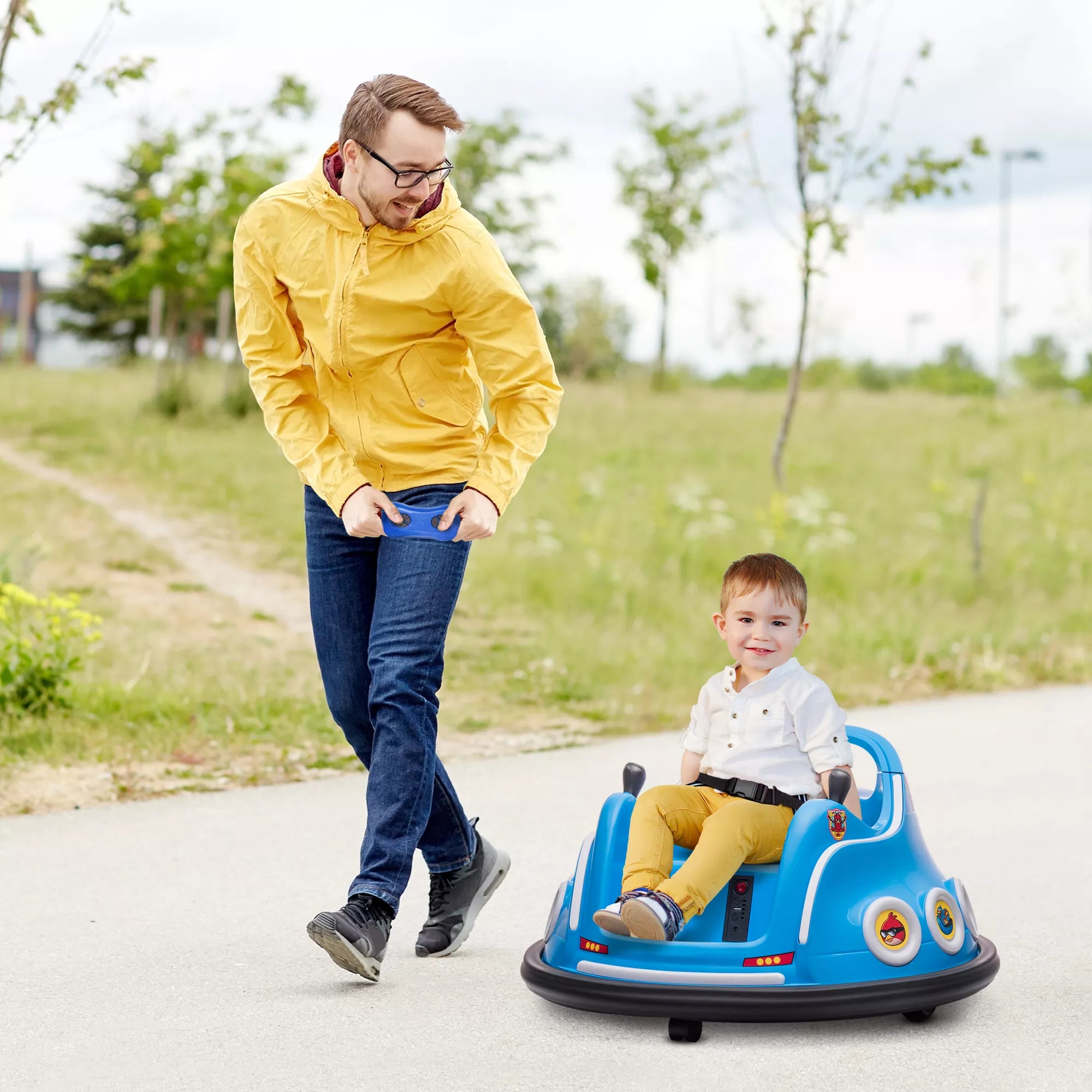 Vaikiškas elektromobilis mašinėlė, 360° sukimasis, 3-5 metų vaikams, su nuotolinio valdymo pultu, mėlynas