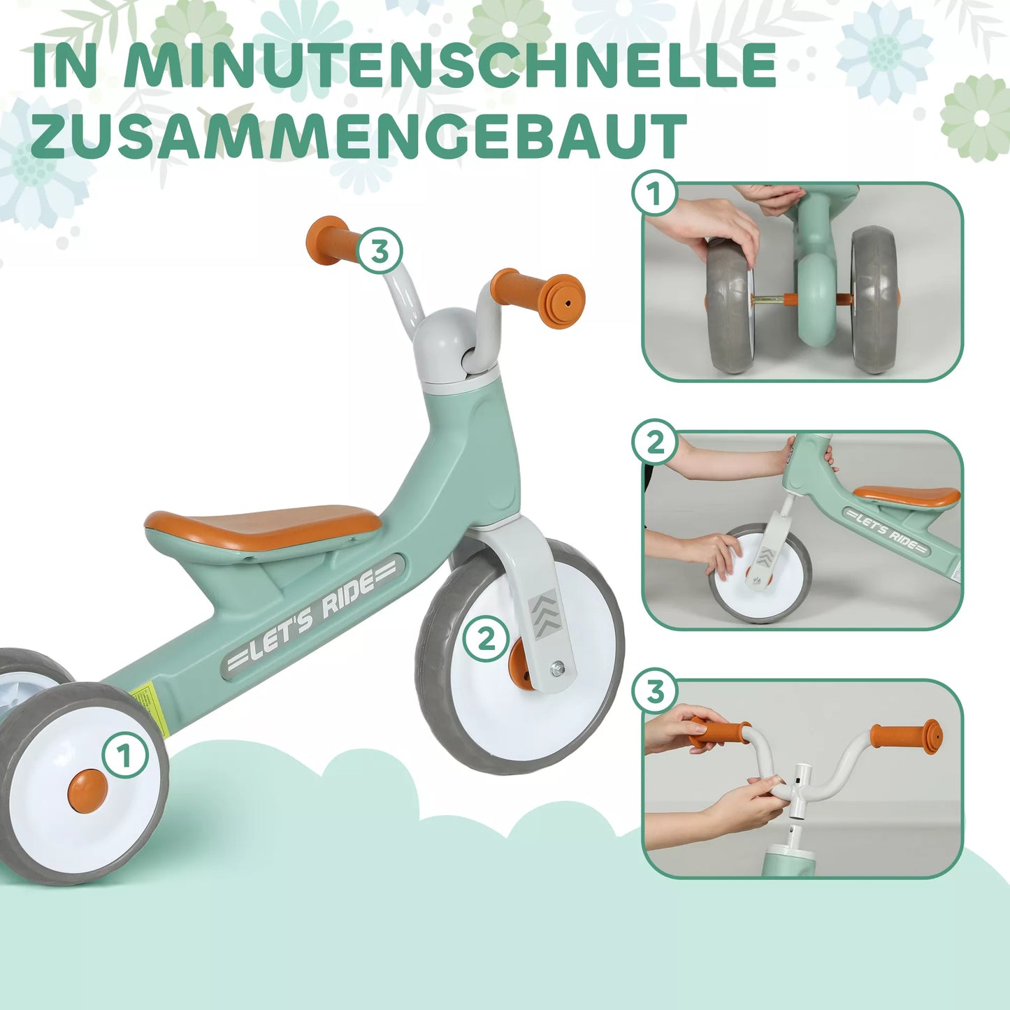 Vaikiškas balansinis dviratukas be pedalų, su 3 tyliais ratais, berniukams ir mergaitėms (nuo 12 iki 36 mėn.), tinkamas naudoti lauke ir viduje, žalias.