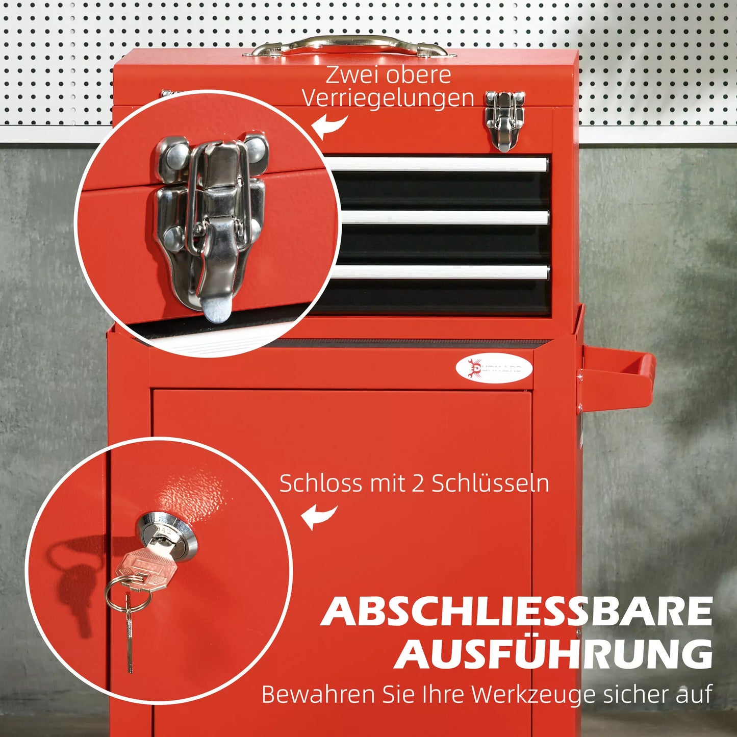 DURHAND 2-in-1 mobilus įrankių vežimėlis, 3 stalčiai, įrankių lentelė, plieninis korpusas, 46I x 28P x 94A cm, Raudonas