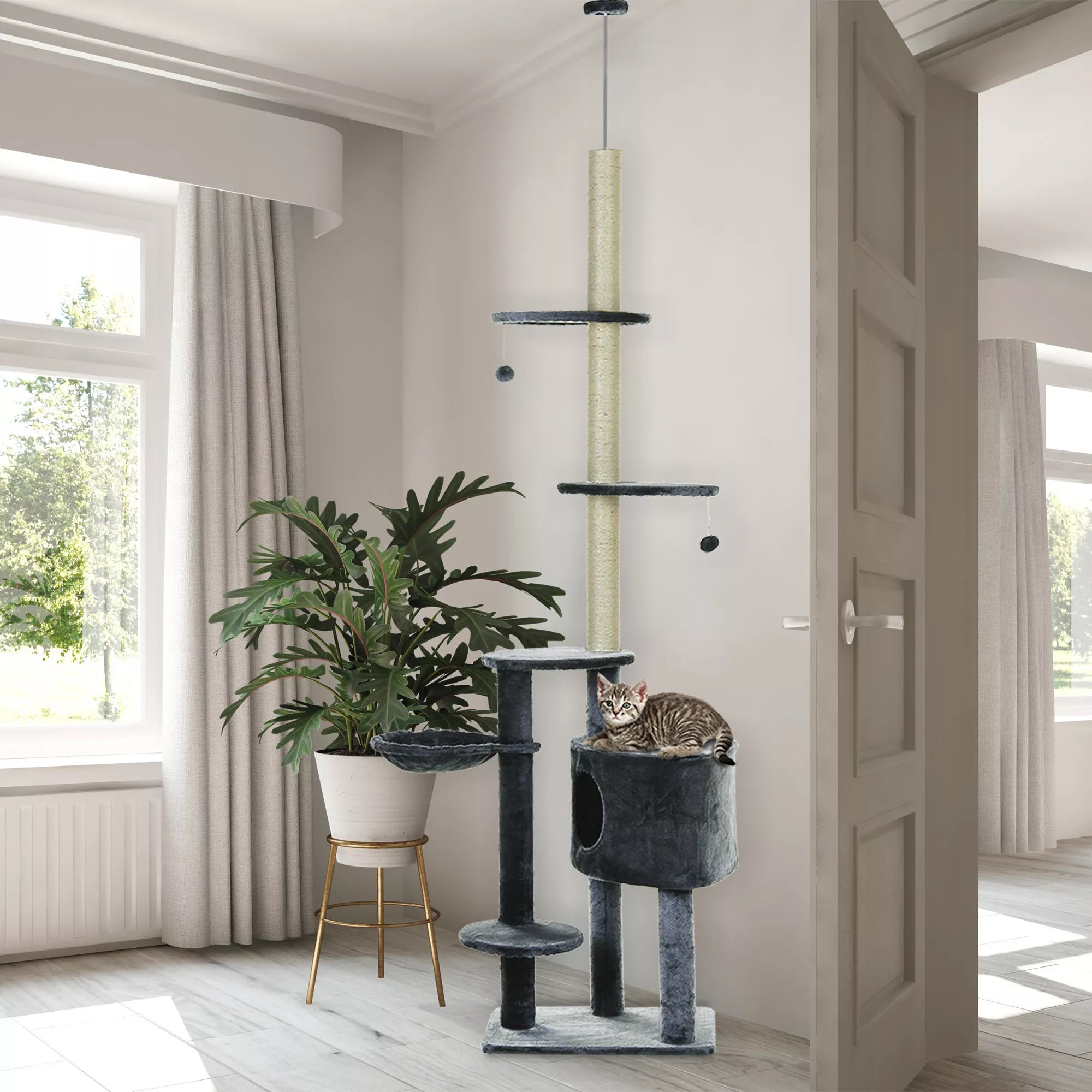 Kratzbaum iki lubų aukščio 220-265 cm Katės medis su žaisliniais kamuoliais, katės urvu, hamaku, sizalio kamienais, platformomis Daugiaaukštis  katės medis Laipiojimo medis vidutinio dydžio katėms, tamsiai pilkos spalvos