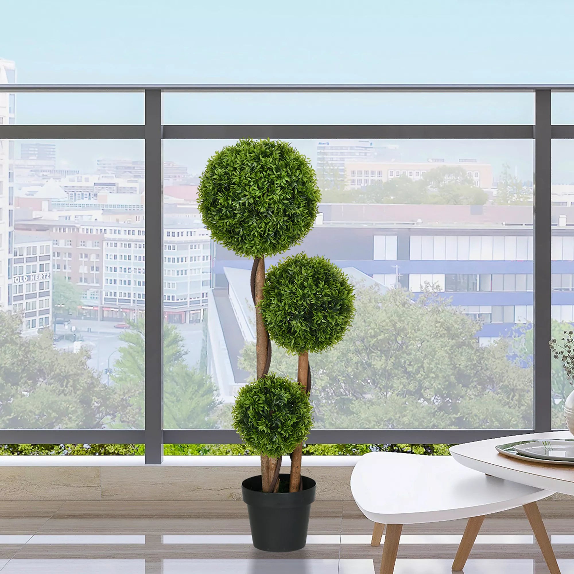 Dirbtinis buksmedis, atsparus UV spinduliams su 3 rutuliais, plastikas, 110 cm