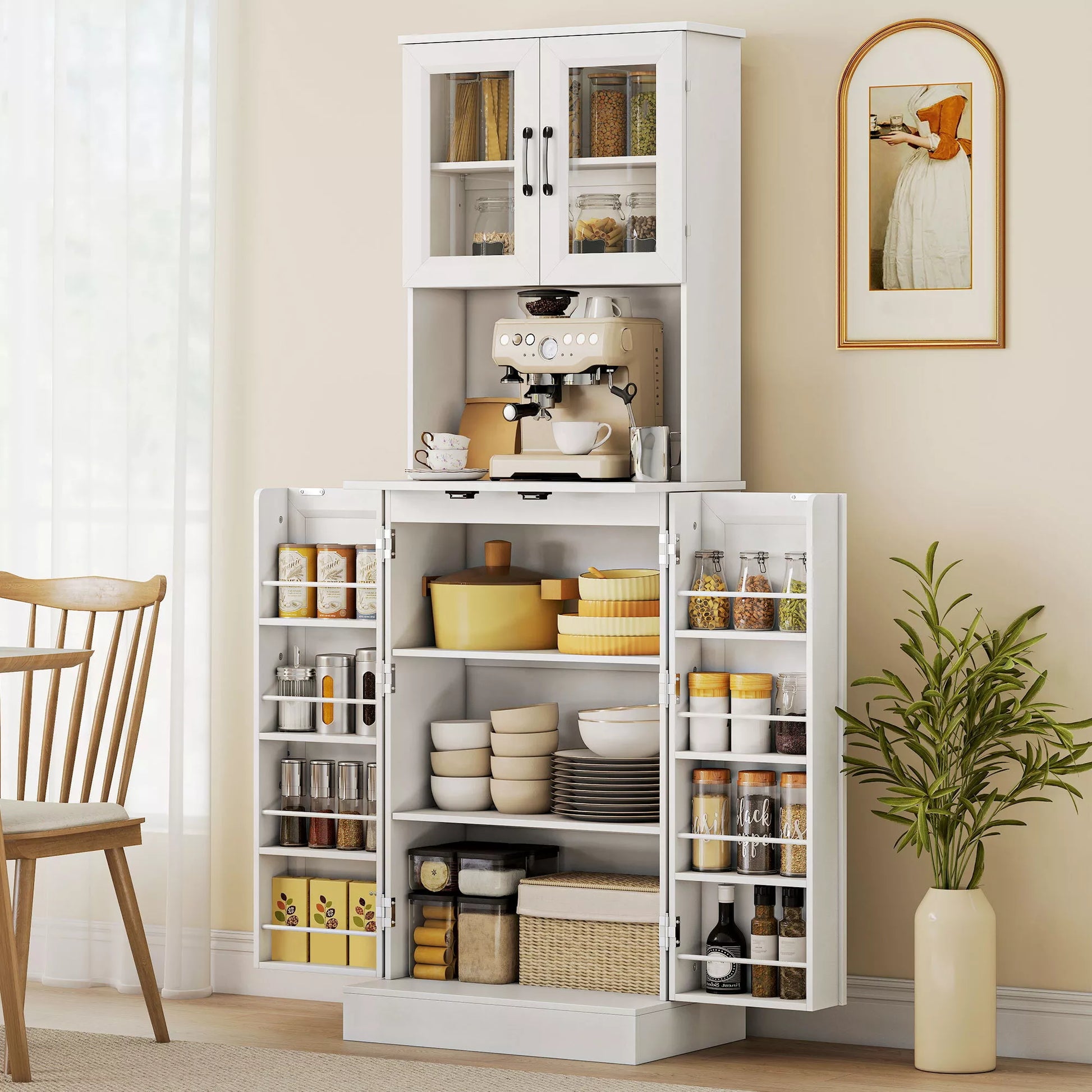 Virtuvės spintelė, reguliuojama lentyna, stalviršis, akrilinės durys, kabelio anga, skirta svetainei, virtuvei, valgomajam, MDF, balta