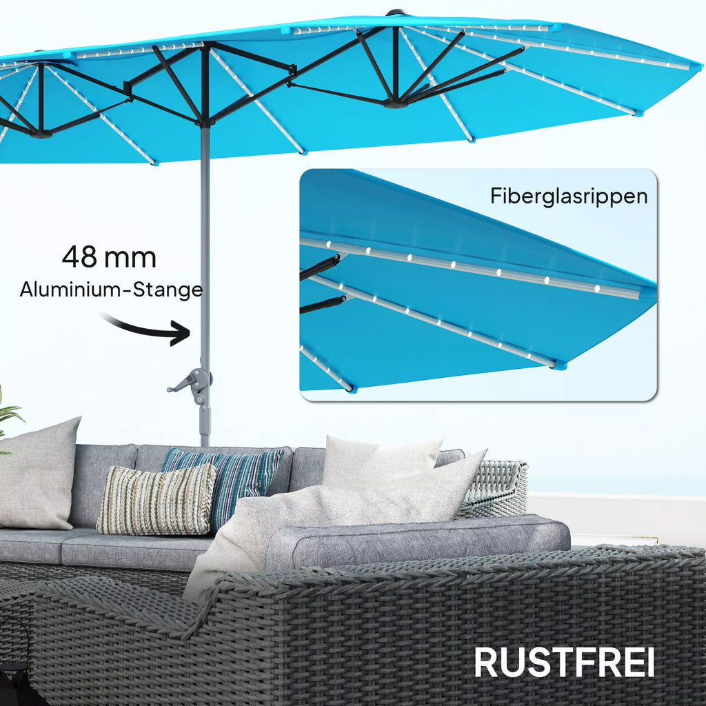 Dvigubas skėtis nuo saulės su LED apšvietimu, 451 x 267 cm, mėlynas