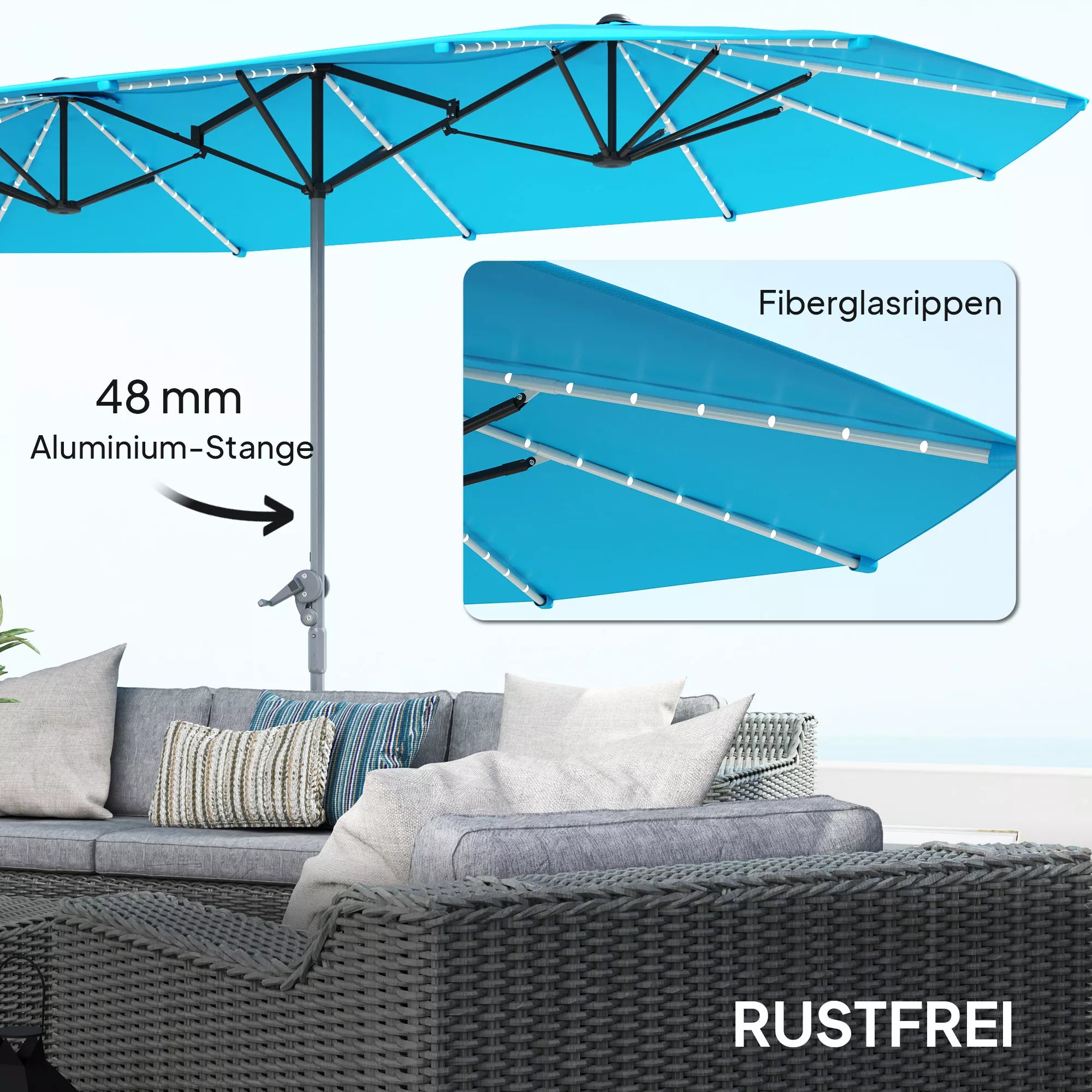 Dvigubas skėtis nuo saulės su LED apšvietimu, 451 x 267 cm, mėlynas