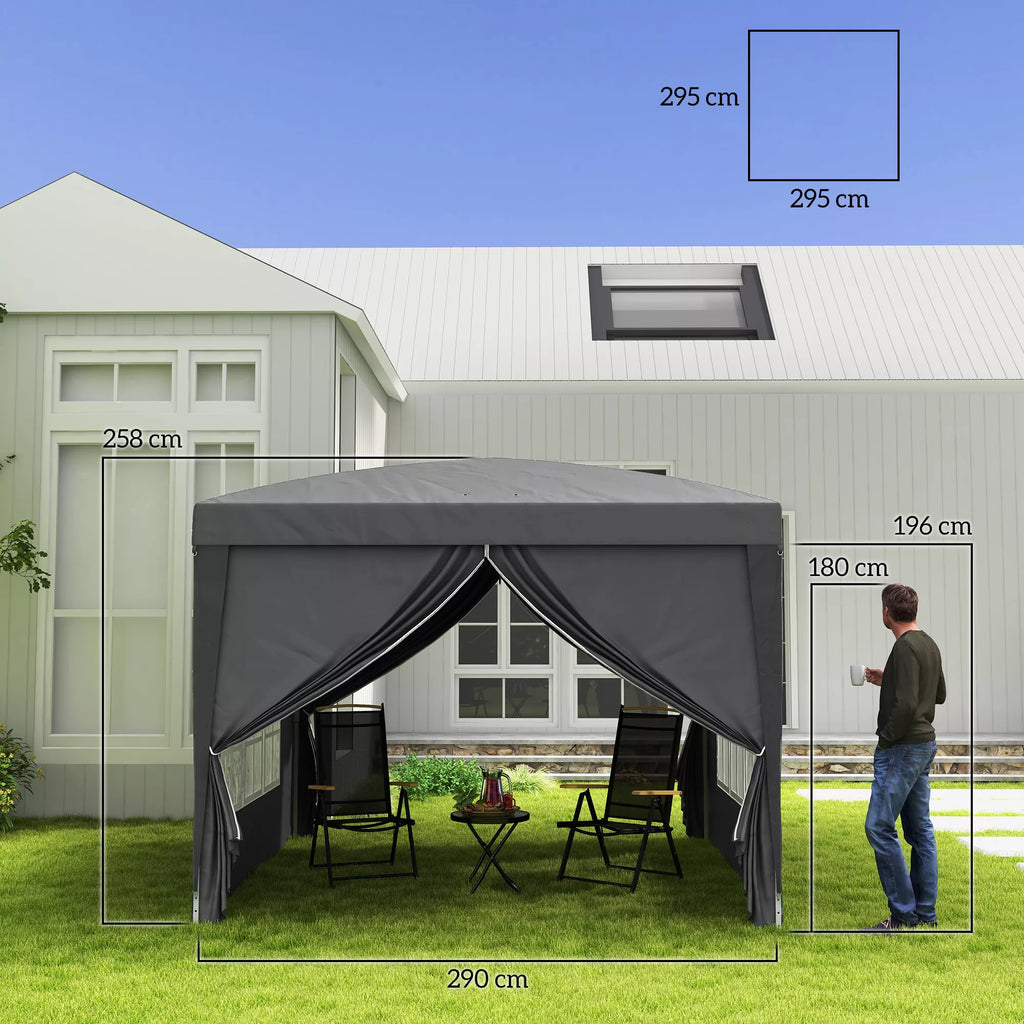 3 x 3 m paviljonas su 4 sienomis, langais, palapine su UV apsauga, sodo palapine su nešimo krepšiu, plienas, pilkos spalvos