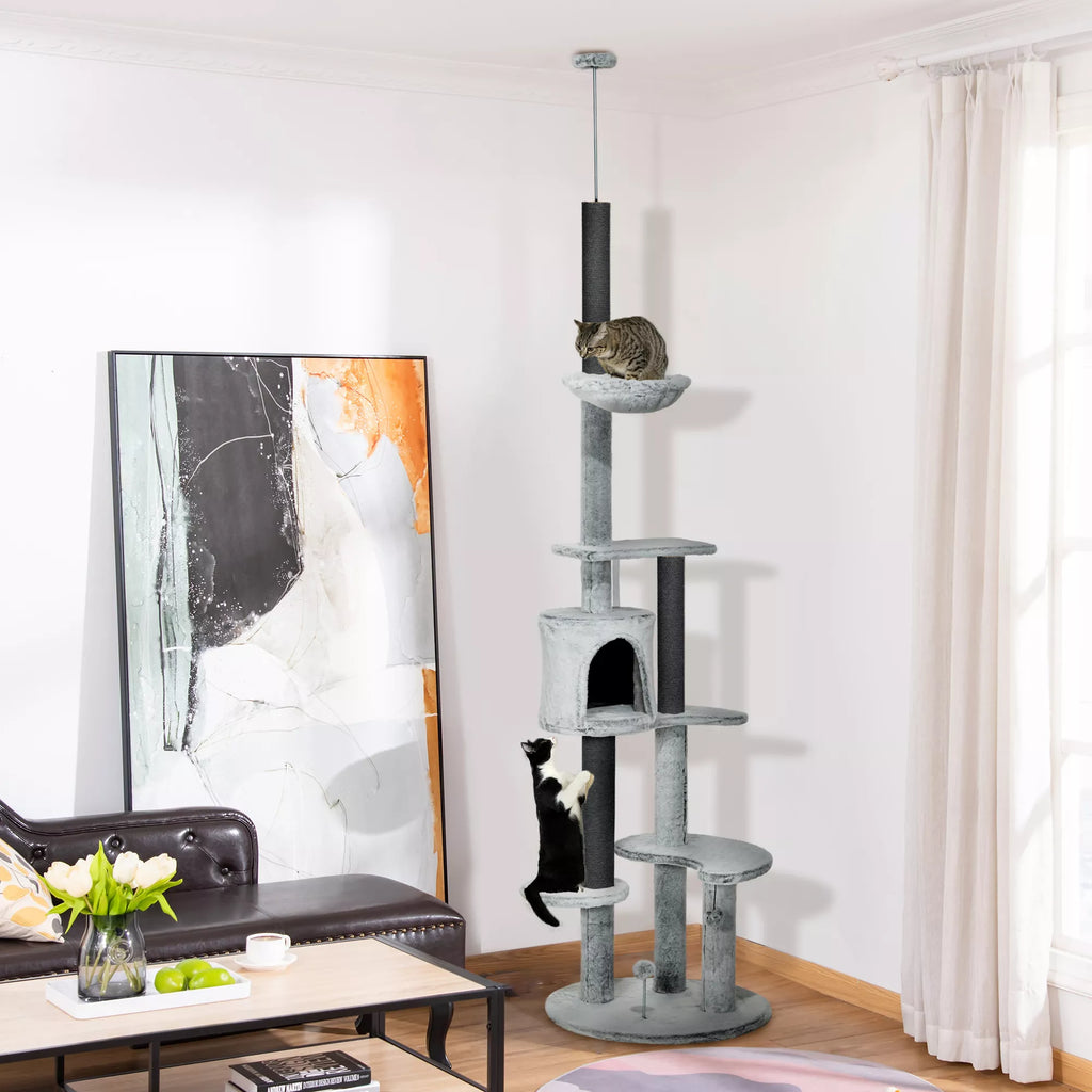 Katės draskyklė iki lubų su hamaku, nameliu ir platformomis, 225–255 cm, pilka