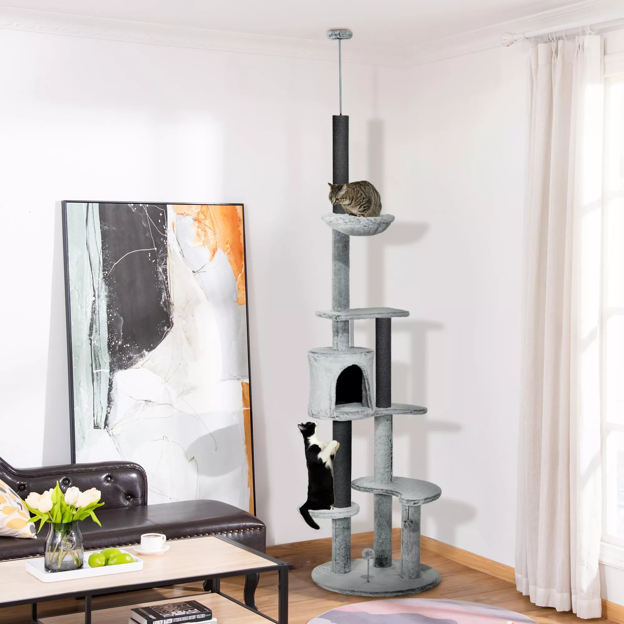 Katės draskyklė iki lubų su hamaku, nameliu ir platformomis, 225–255 cm, pilka