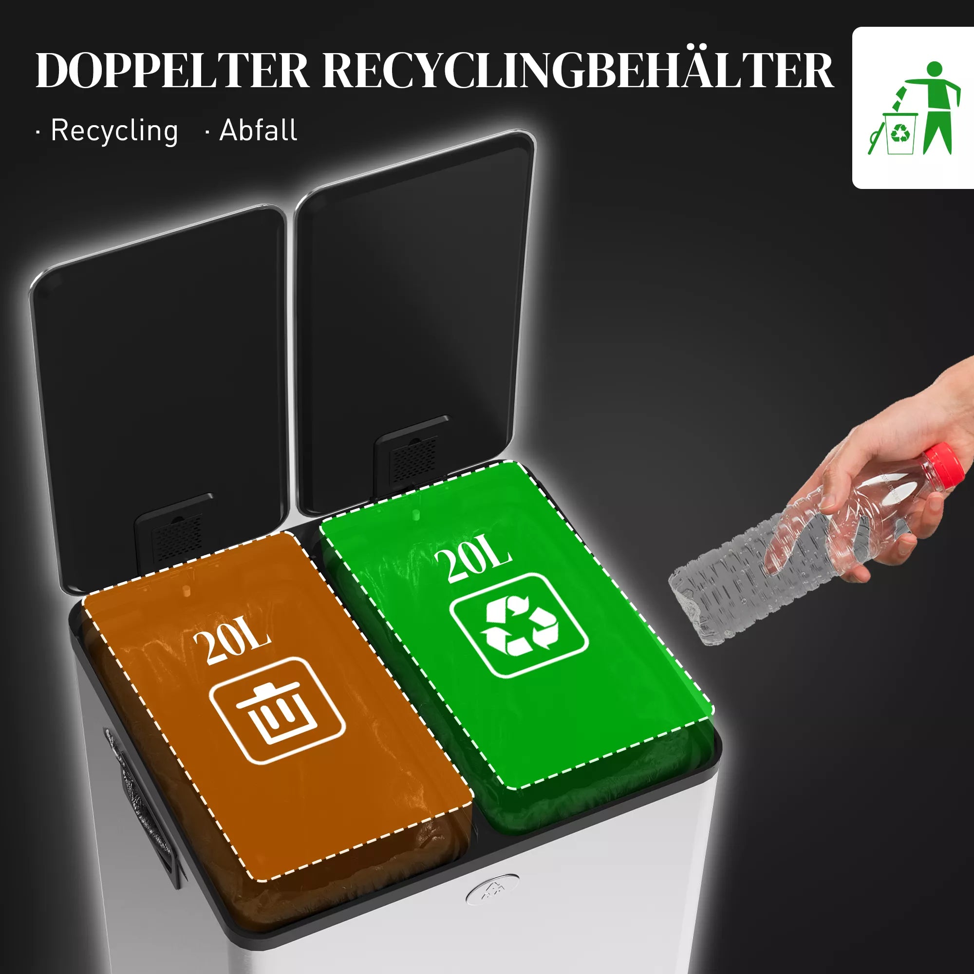 2 vnt. po 20 l talpos dvigubos šiukšliadėžės, atidaromos pedalu, lengvai valomos, nerūdijančio plieno ir plastiko, sidabrinės spalvos