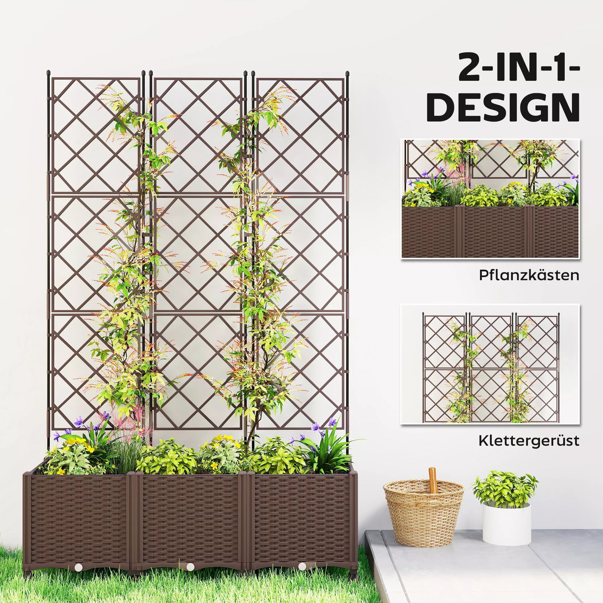 Vijoklinių augalų sienelė su vazonu ir savaiminio laistymo sistema, dekoratyvi atrama gėlėms su loveliu, polipropilenas, 120x40x192 cm, ruda