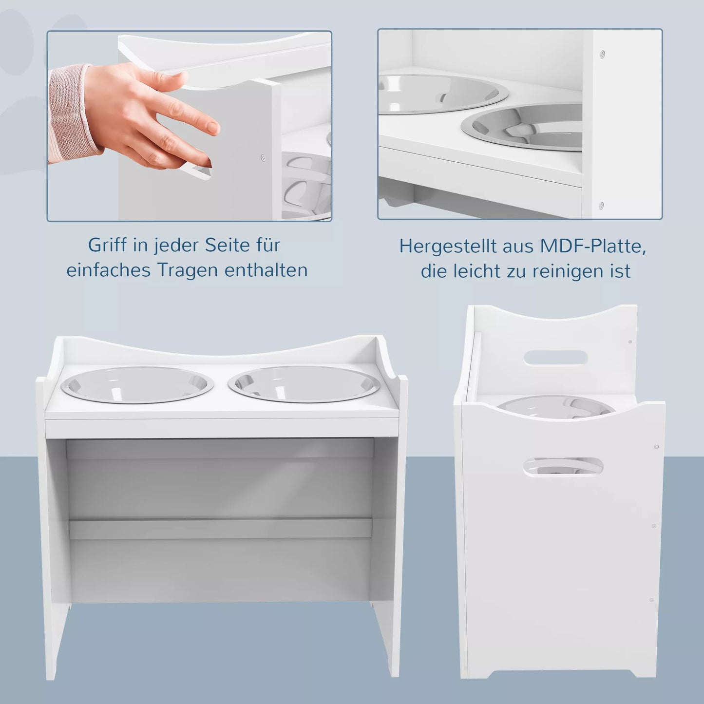 Maisto stotelė šunims, 2 nerūdijančio plieno dubenėliai, reguliuojamo aukščio, 54x31,5x47cm, balta