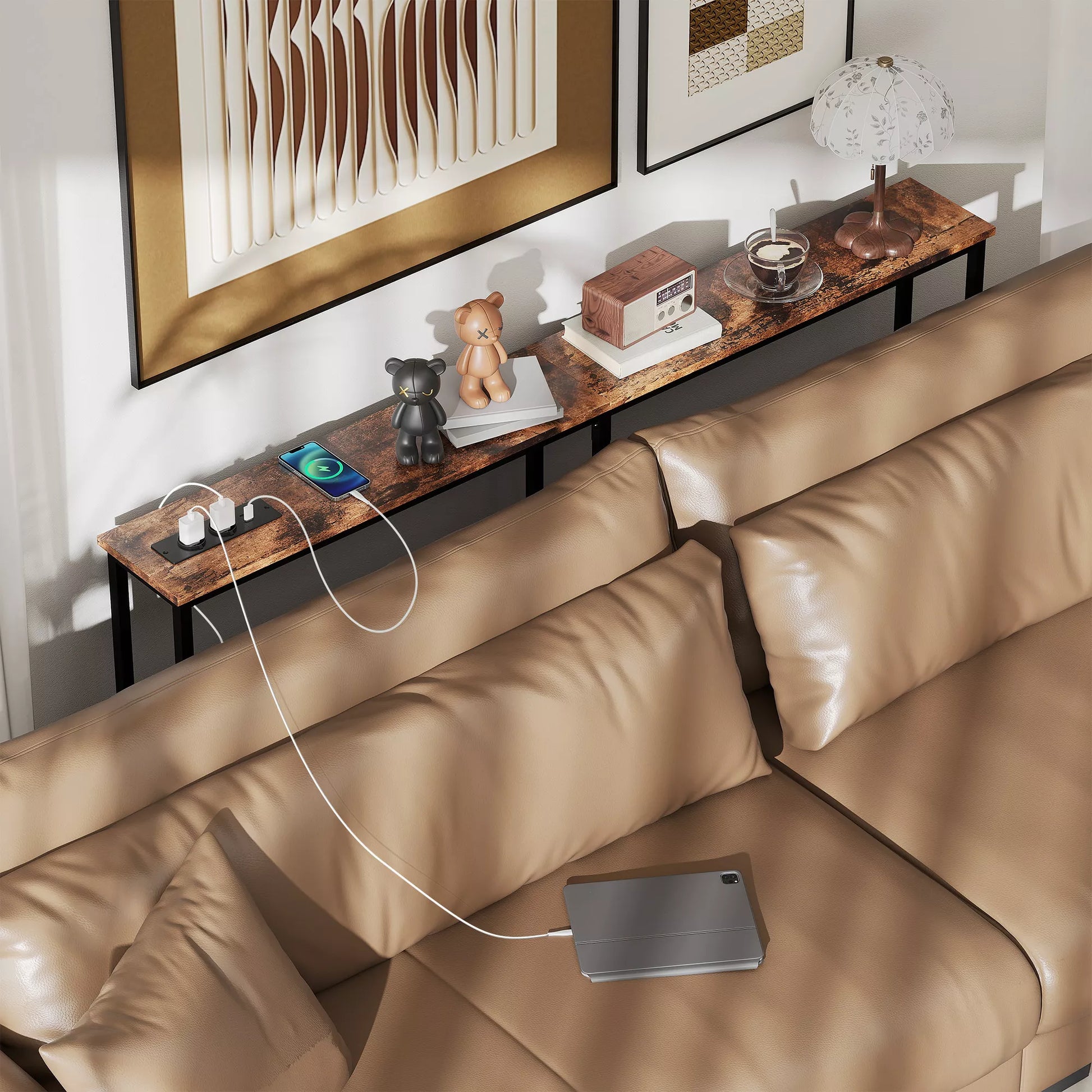 Plonas konsolinis staliukas su įkrovimo stotele, pramoninio stiliaus, plieninis rėmas, rudas