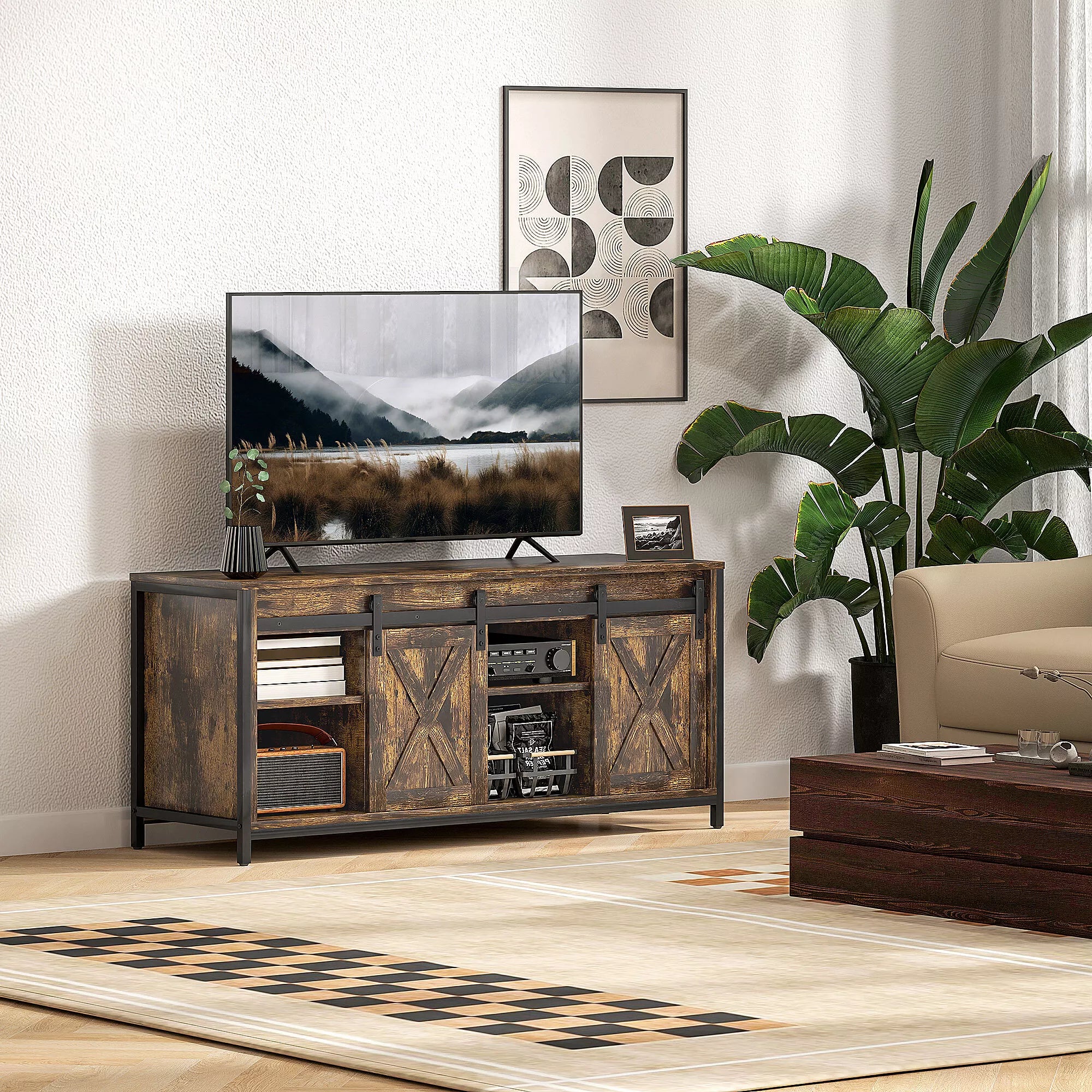 TV spintelė, pramoninis dizainas, skirta 60 colių televizoriams, 6 skyriai, 2 stumdomos durys, ruda/juoda