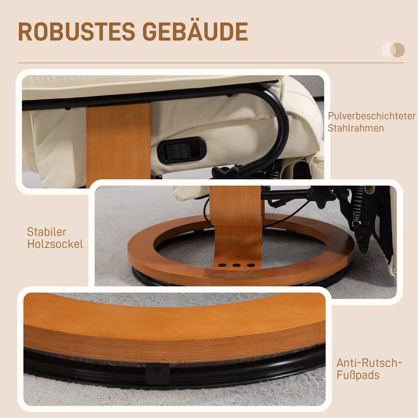 Atlošiamasis krėslas su atlošimo funkcija, besisukantis, iki 150 kg, dirbtinės odos apmušalas, plieninis rėmas, kreminės baltos spalvos