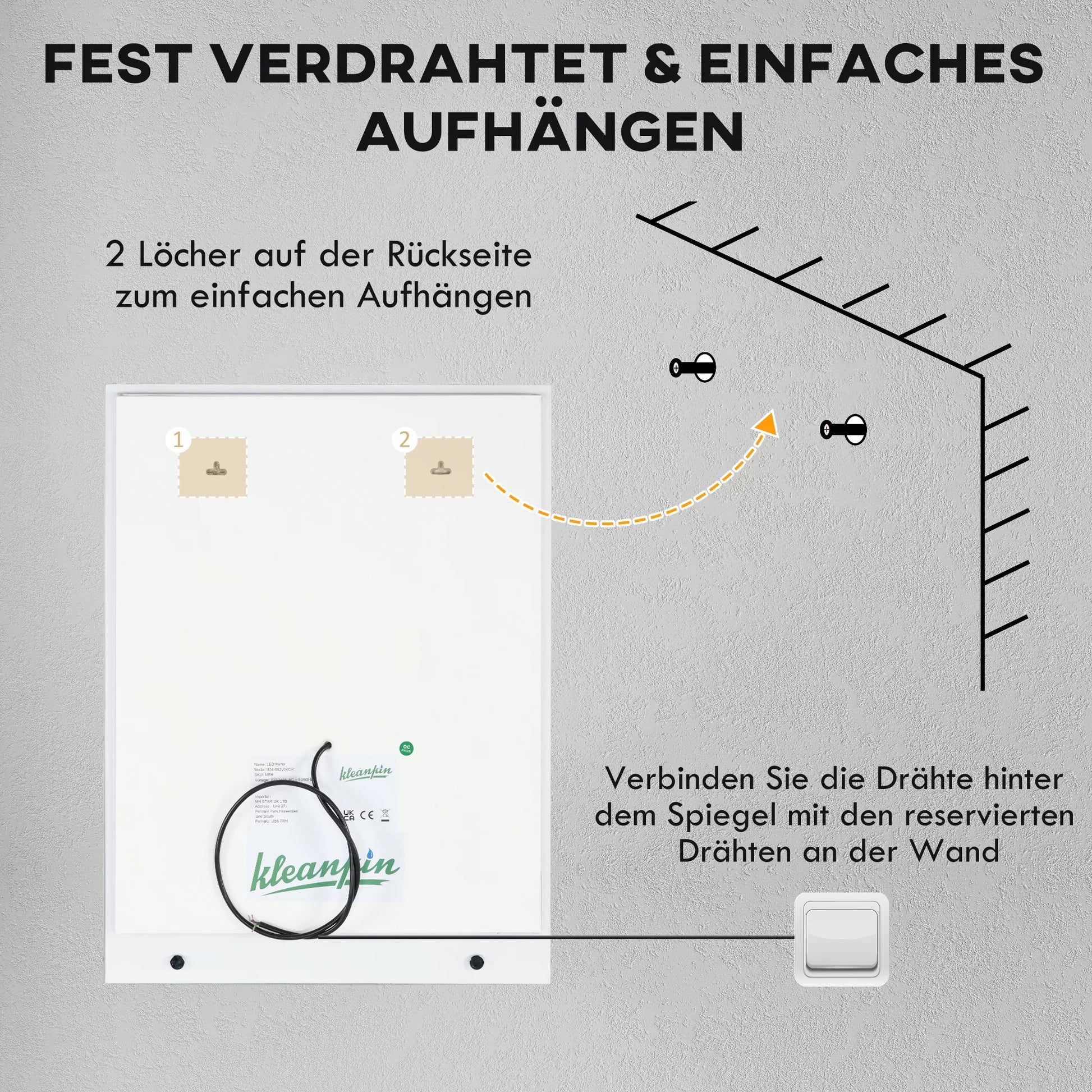 Vonios veidrodis su LED apšvietimu, 3 šviesos spalvos, apsauga nuo rasos, laidinis, 70 x 50 cm