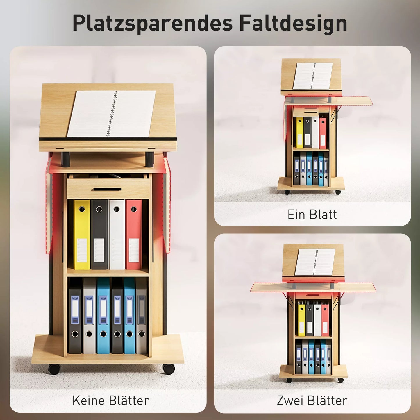 Ratinis podiumo stovas, tribūna su atlenkiamais šoniniais sparnais, nešiojamojo kompiuterio stalas su stalčiu ir lentynomis, ąžuolo imitacija