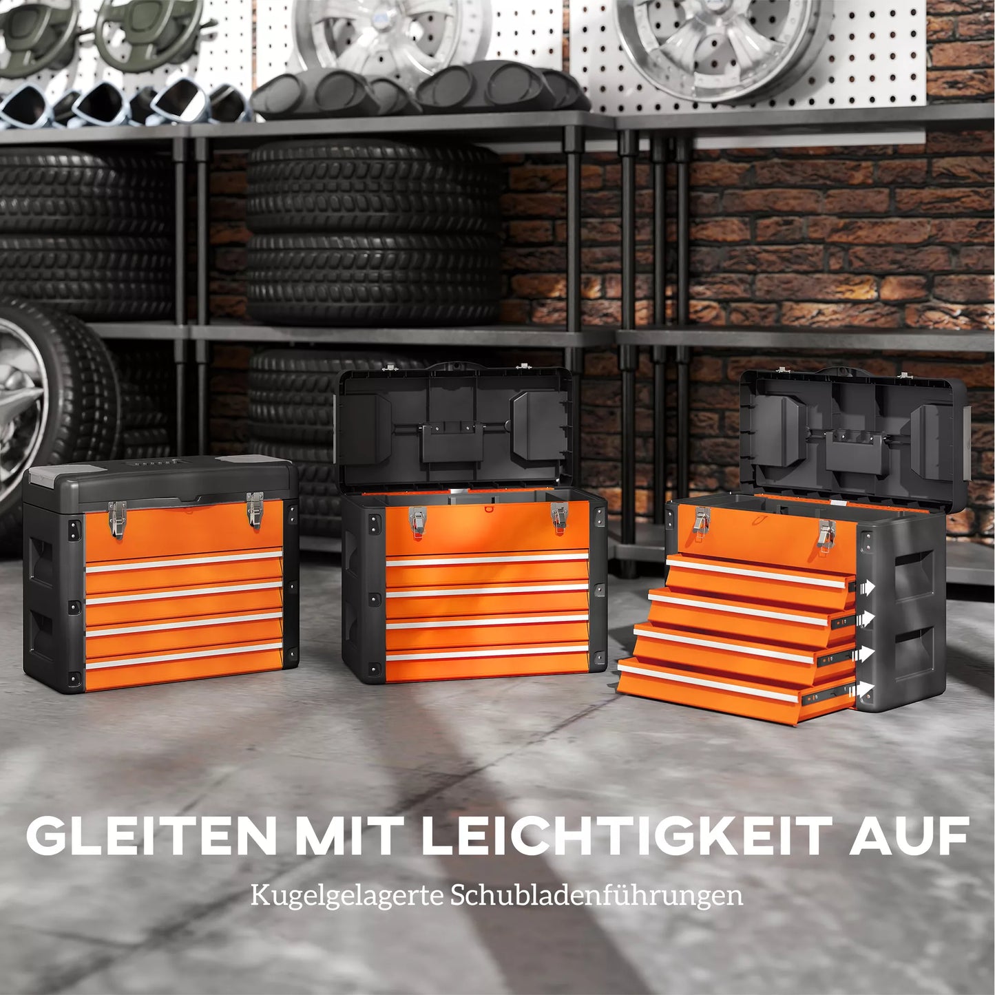 Tuščia įrankių dėžė su 4 stalčiais, 49,7 x 25,3 x 40,7 cm, mini dėžė, plieninė, oranžinė