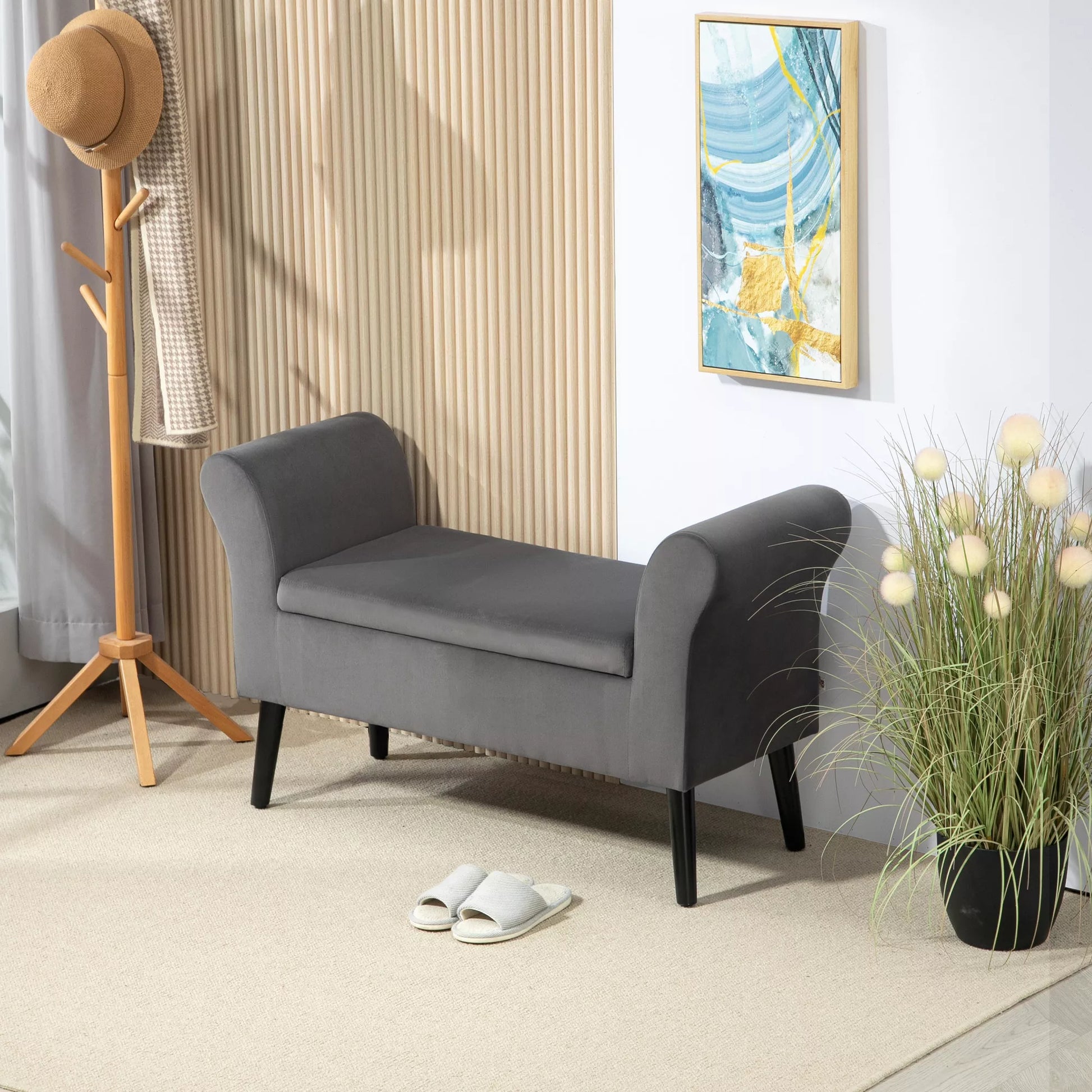 Balda su vieta daiktams, skrynios tipo su atlošais ir porankiais, 46 cm sėdimasis aukštis, švelnus kaip aksomas poliesteris, 111,5 x 41 x 65 cm, tamsiai pilka