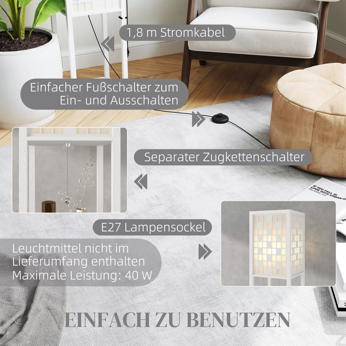 Pastatomas šviestuvas, grotelių raštas, 2 pakopų lentynos, tinka įvairioms lemputėms, balta