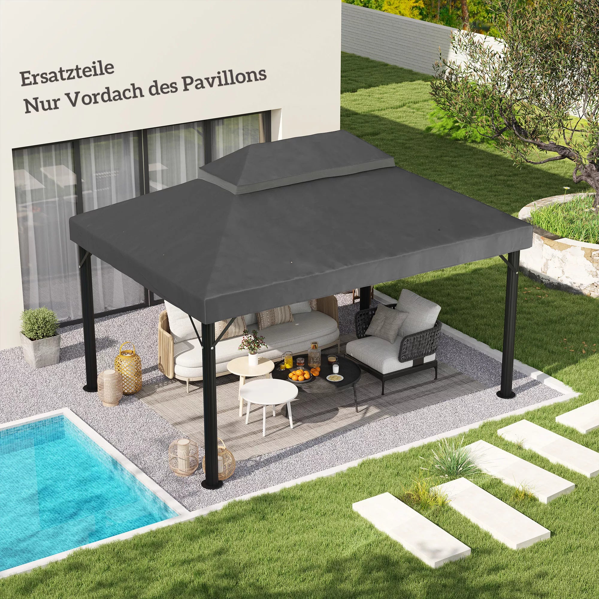 Pavilion pakaitinis stogas, 3 x 4 m, pakaitinis tentas su vandens nutekėjimo angomis, poliesteris, apsauga nuo saulės, UPF30+, tamsiai pilkos spalvos