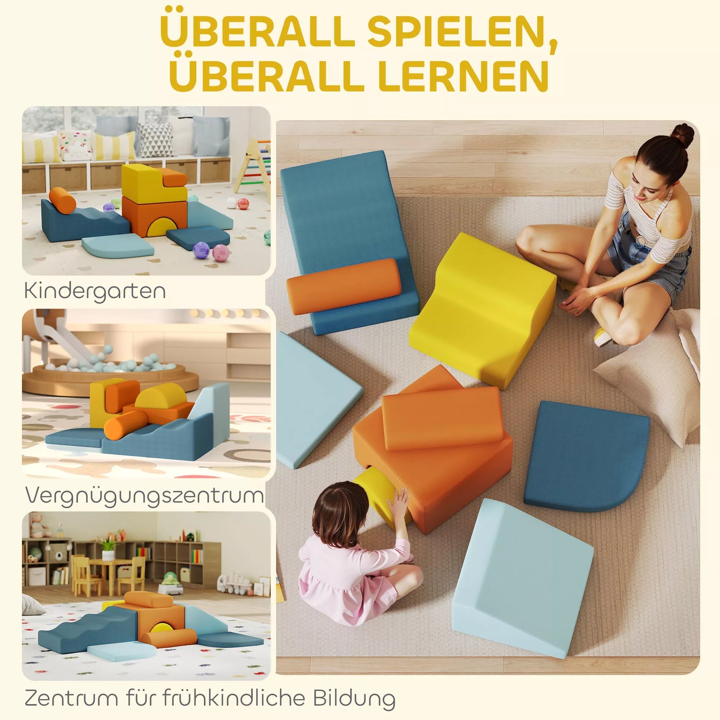 9 dalių minkštų blokelių rinkinys, minkšti blokeliai statyboms ir žaidimams, vidinis žaidimų rinkinys mažyliams, putplastis, spalvotas