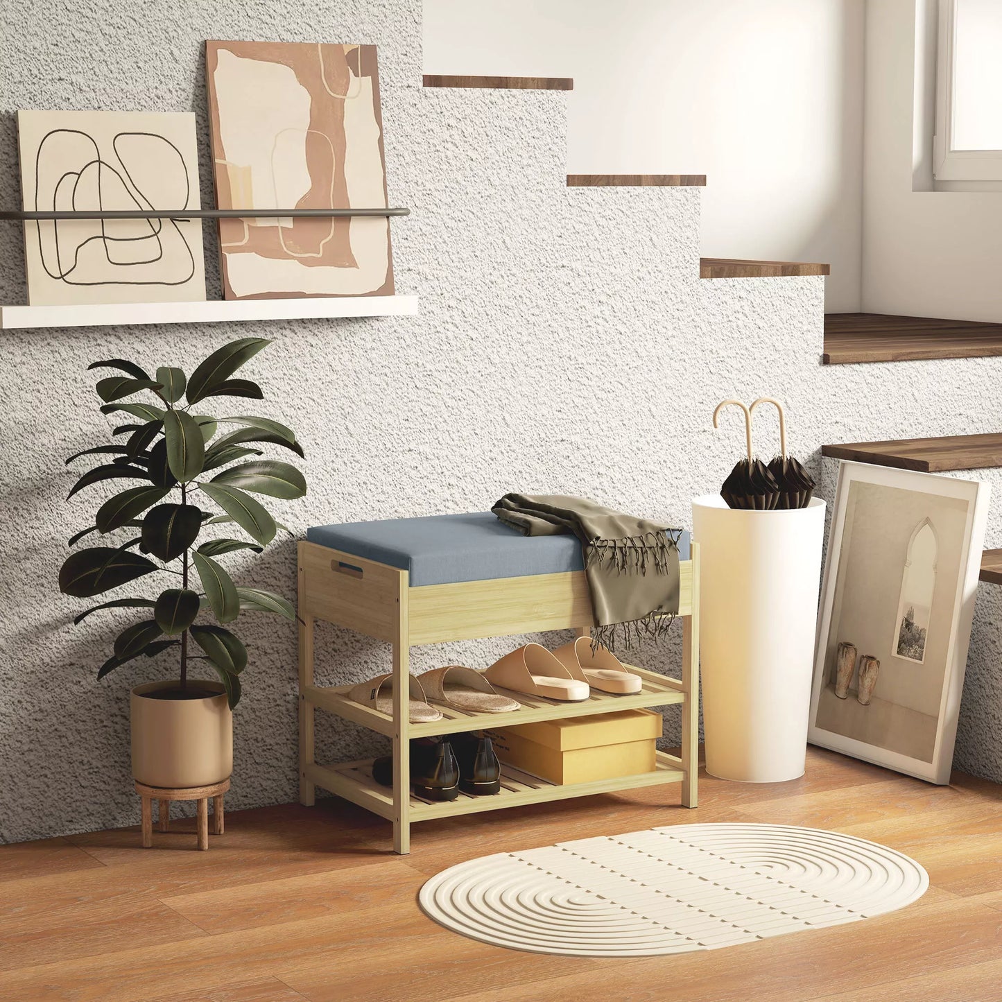 Batų suoliukas-lentyna, 2 lentynos, sėdimoji dalis, bambukas, 55 cm x 35 cm x 46 cm, pilka + natūrali