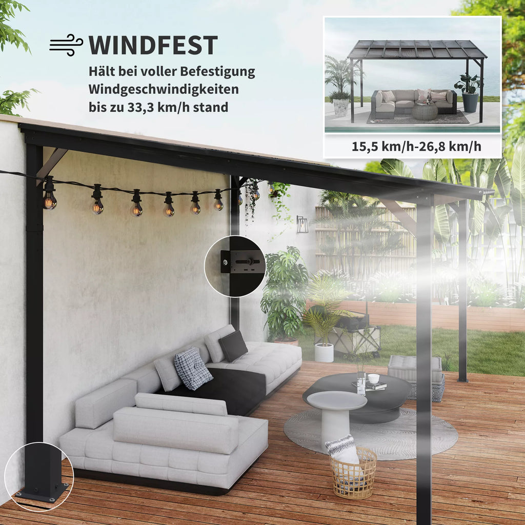 Terasos pergola prie sienos su polikarbonato stogu, aliuminio konstrukcija, 428 x 294 x 258 cm, tamsiai pilka