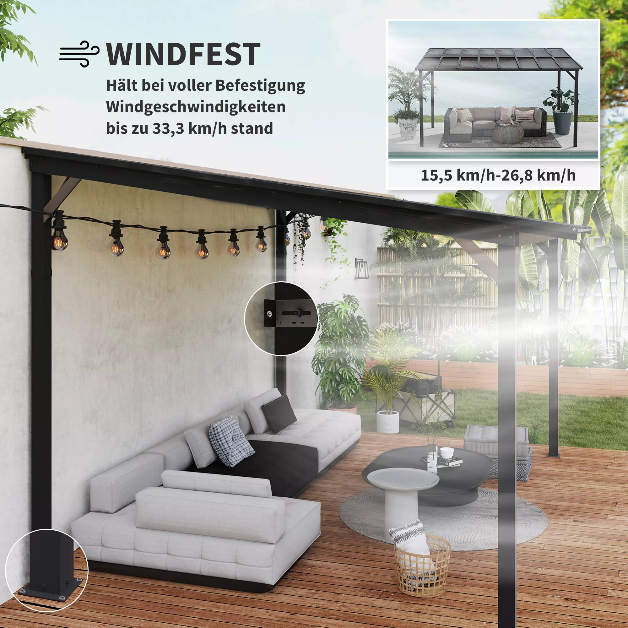 Terasos pergola prie sienos su polikarbonato stogu, aliuminio konstrukcija, 428 x 294 x 258 cm, tamsiai pilka