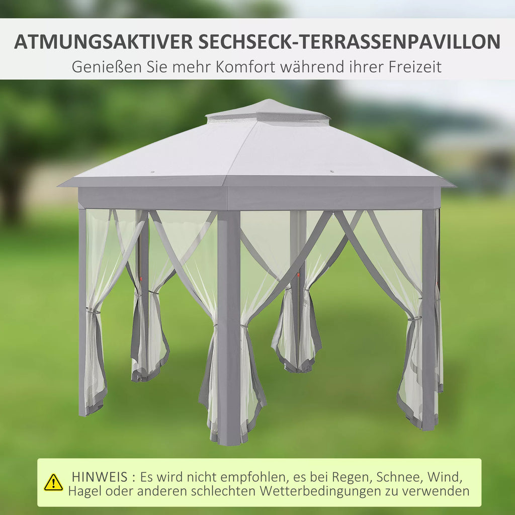 Sulankstomas paviljonas 4 x 4 m, šešiakampis dizainas, tinklinės užuolaidos, atsparus vandeniui, vėdinamas stogas, pilkos ir baltos spalvos