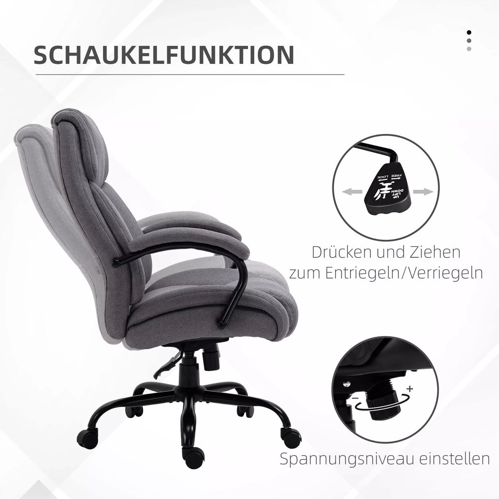 Biuro kėdė, ergonomiška vadovo kėdė, atlaikanti iki 220 kg svorį, paminkštinta darbo kėdė su porankiais, plačia sėdimoji dalis, aukščio reguliuojama sukiojama kėdė su svyravimo funkcija, lino imitacija, šviesiai pilka