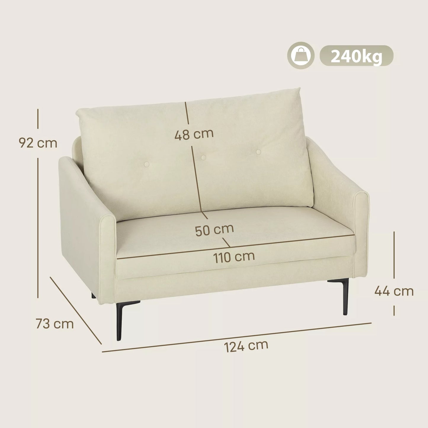 Dvivietė sofa su putplasčio užpildu ir audinio apmušalu, skirta svetainei, miegamajam, metalinis rėmas, kreminės baltos spalvos