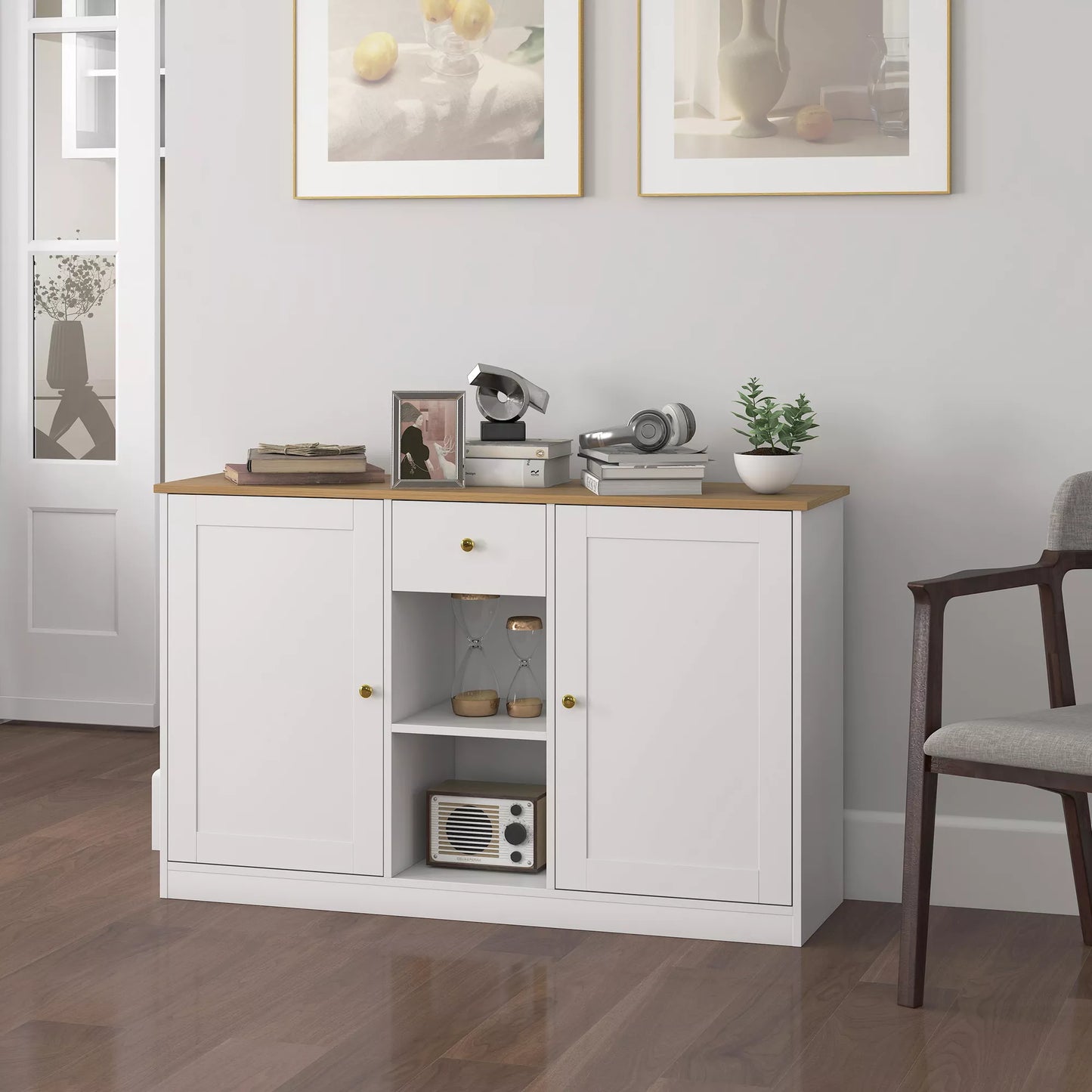 Virtuvinė komoda, sideboard'as su stalčiumi, spintelėmis, lentynomis, iš MDP, balta