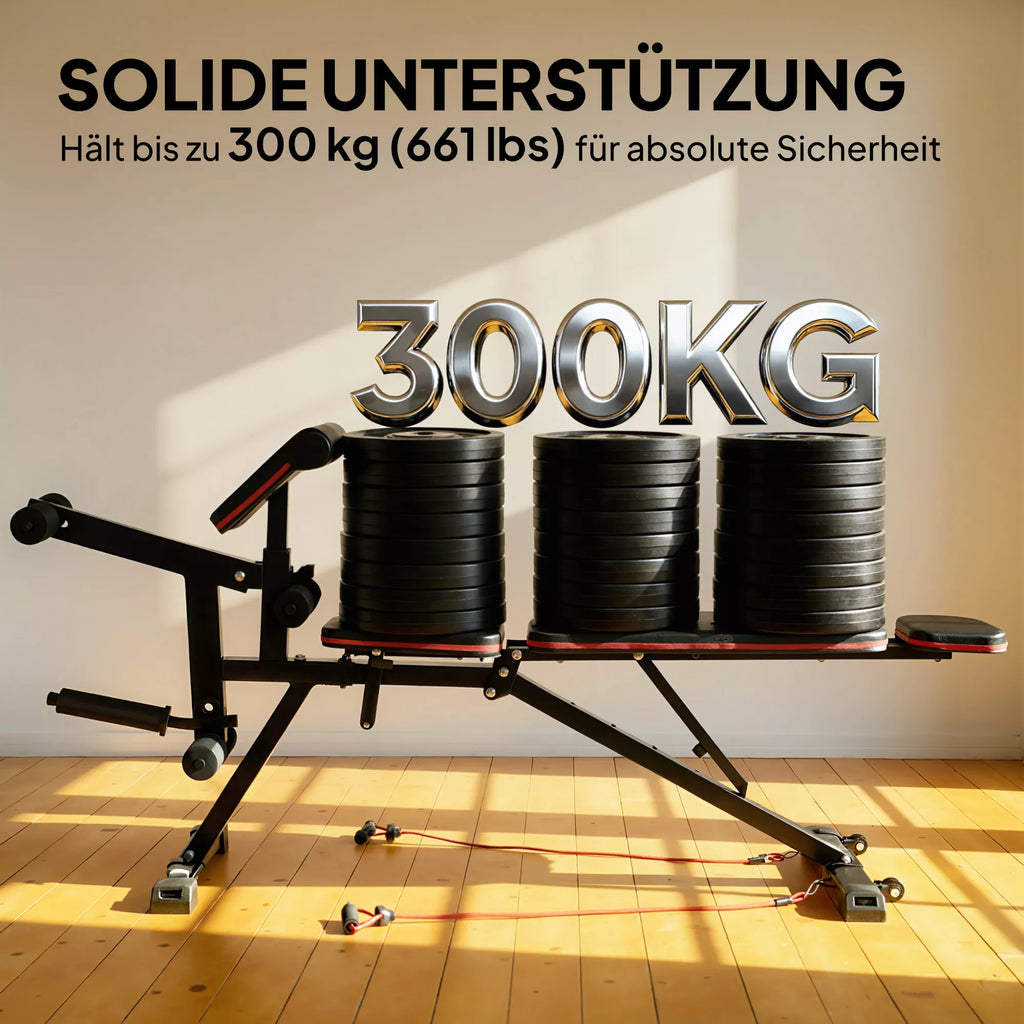Reguliuojamas sportinis suolelis su kojų treniruokliu ir pasipriešinimo gumomis, treniruočių suolelis, plienas ir dirbtinė oda, iki 300 kg, juoda