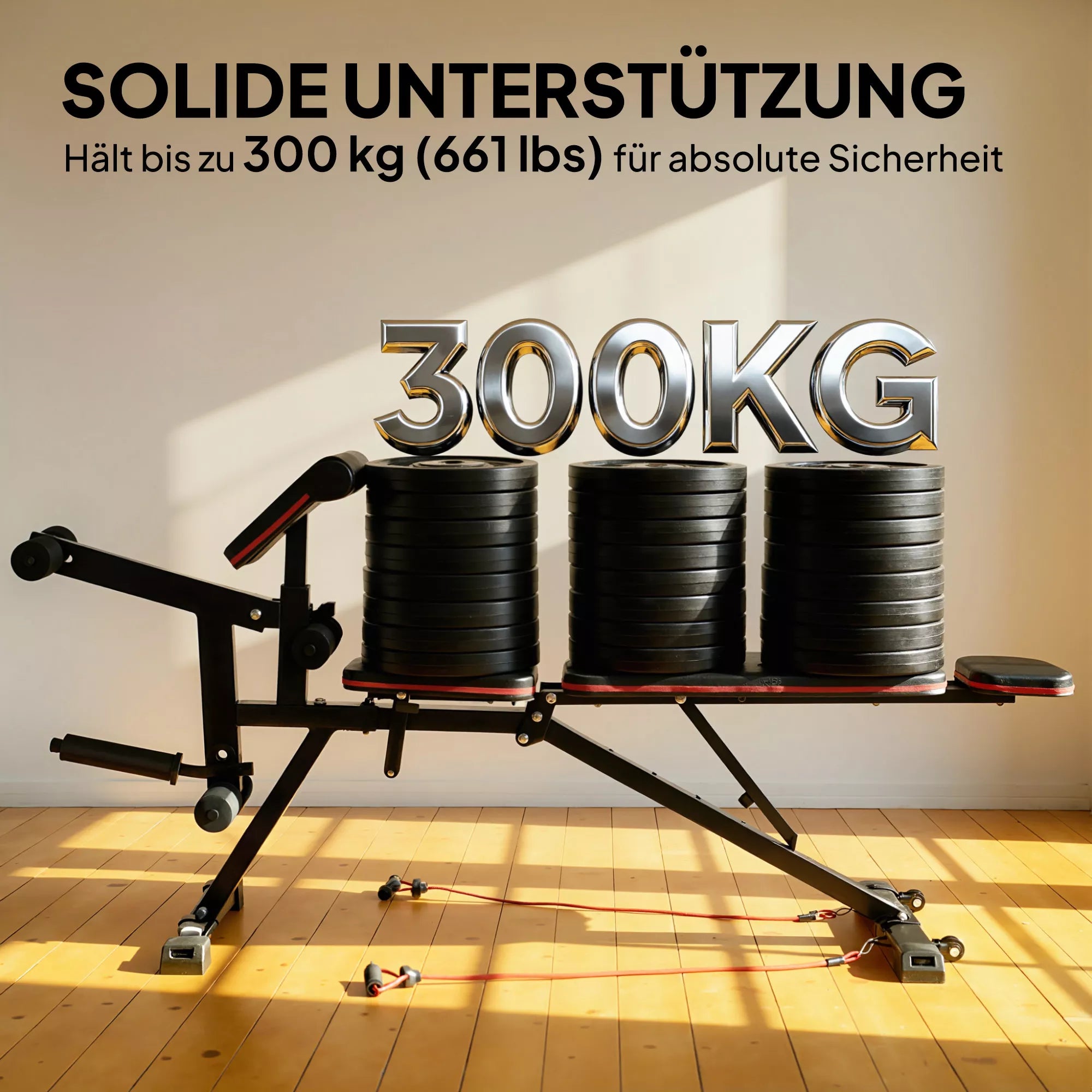 Reguliuojamas sportinis suolelis su kojų treniruokliu ir pasipriešinimo gumomis, treniruočių suolelis, plienas ir dirbtinė oda, iki 300 kg, juoda