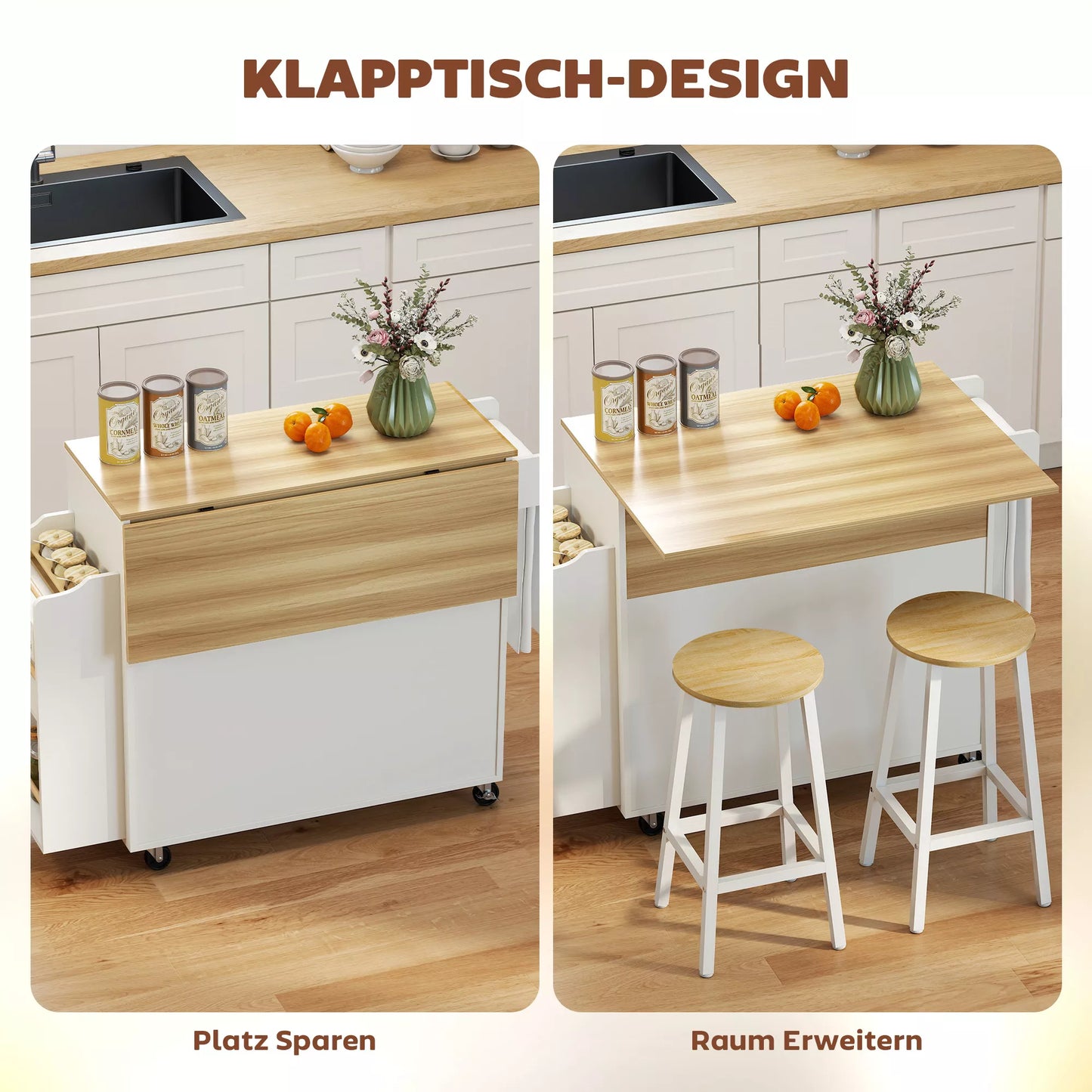 Virtuvės sala, virtuvės vežimėlis su ratukais, su atlenkiamu stalviršiu, stalčiu, lentynėle, 120 x 68 x 85 cm, balta