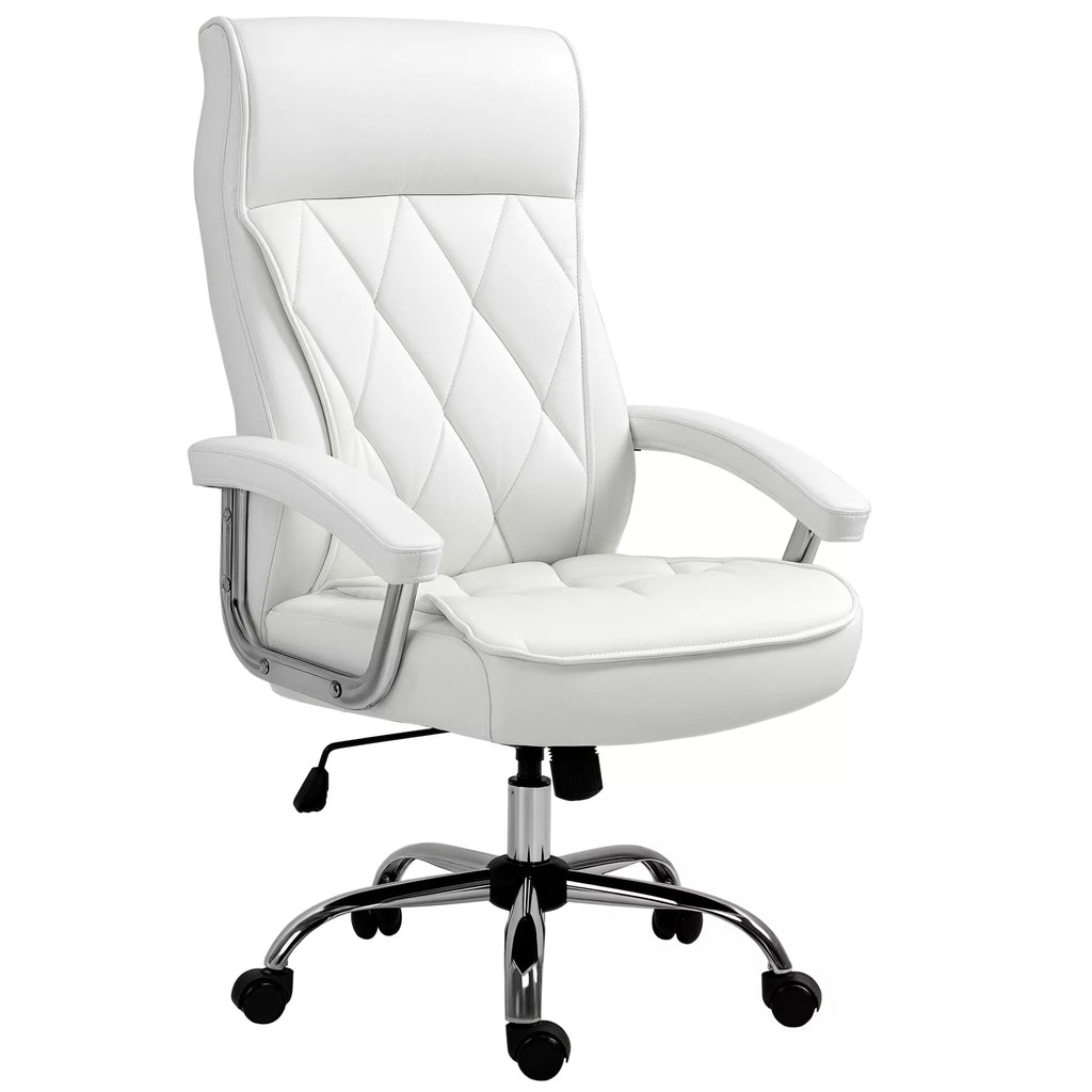 Biuro kėdė, ergonomiška rašomojo stalo kėdė, aukščio reguliavimo pasukama kėdė su svyravimo funkcija, rombų raštas, dirbtinė oda, paminkštinta vadovo kėdė, balta