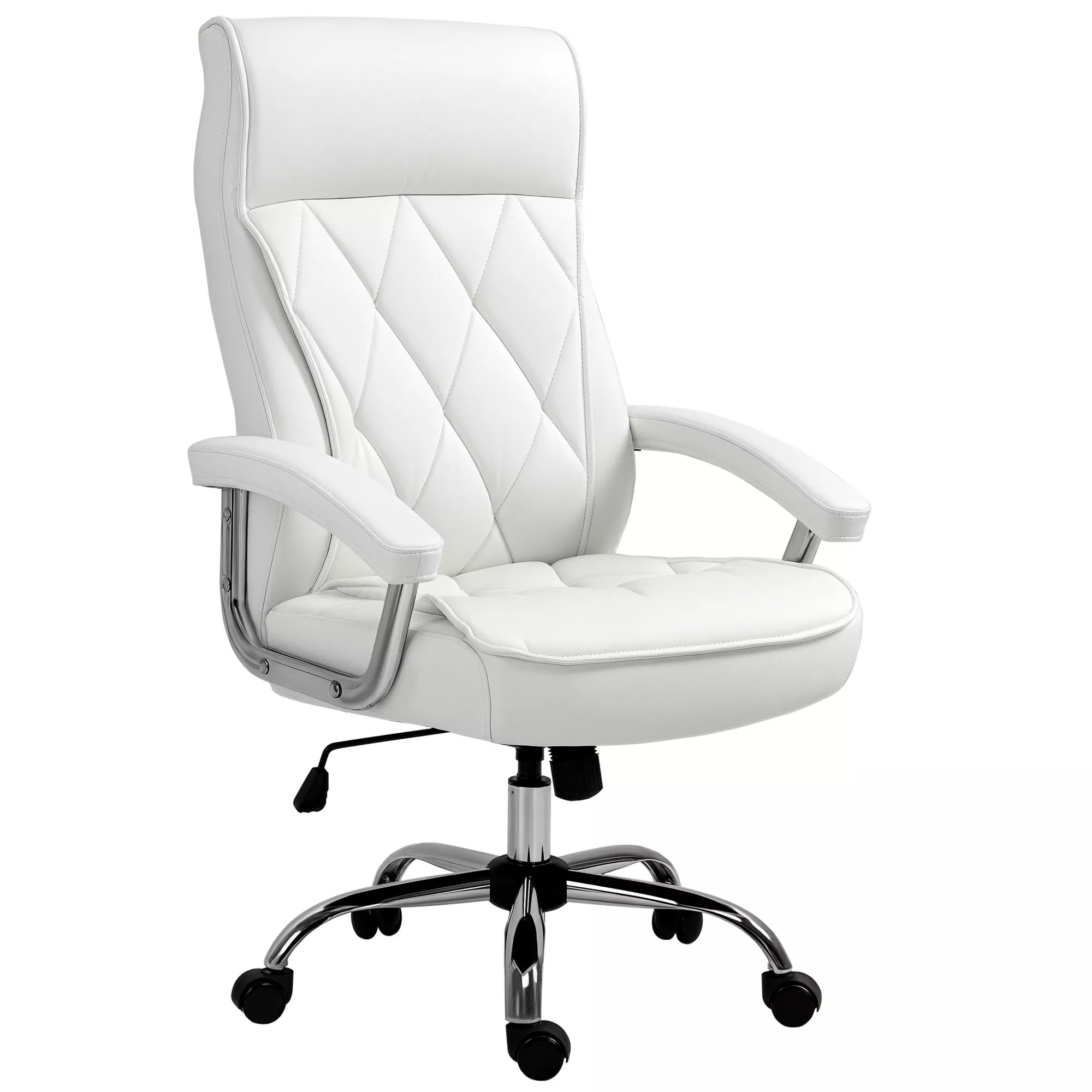 Biuro kėdė, ergonomiška rašomojo stalo kėdė, aukščio reguliavimo pasukama kėdė su svyravimo funkcija, rombų raštas, dirbtinė oda, paminkštinta vadovo kėdė, balta