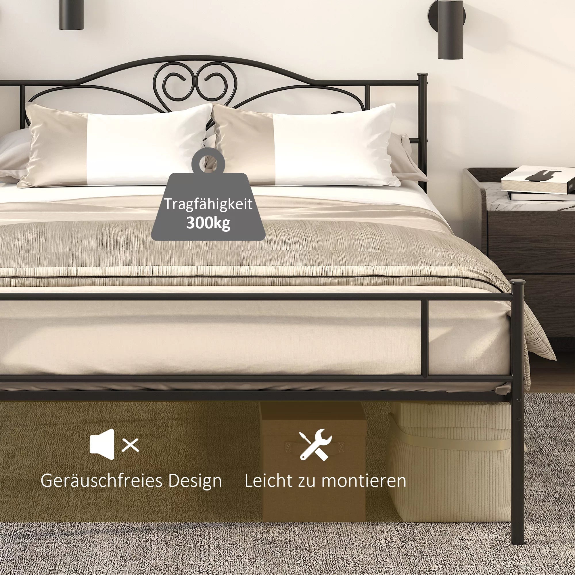 Metalinis lovos rėmas su galvūgalio dalimi, 300 kg apkrova, 145L x 211B x 106H cm, juodas