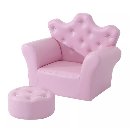 Rožinė vaikiška sofa su otomanu, Princesės vaikiška kušetė, mini sofa jaukiam kampeliui, vaikų kambariui, žaidimų kambariui, miegamajam
