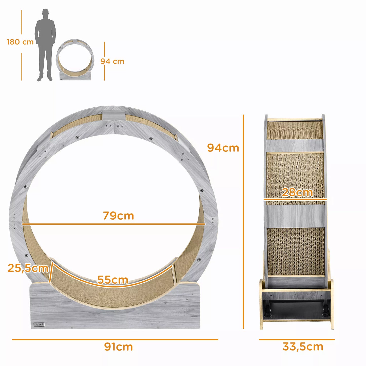 Katės bėgimo ratas, 91 cm, su stabdžiu ir draskykle, sveikam judėjimui, riešuto spalvos