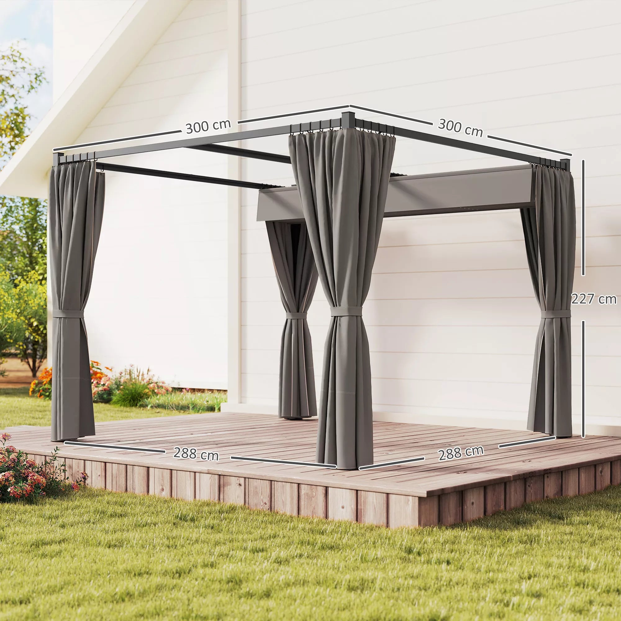 Pergola 3 x 3 m Atskirai stovinti terasos stogelė su stumdomu stogu, 4 šoninės sienos Atspari UV spinduliams Šviesiai pilka