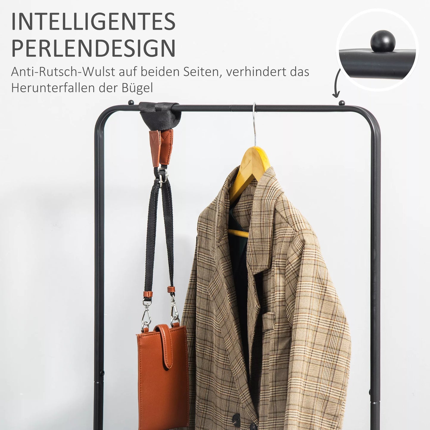 Metalinė drabužių kabykla su batų lentyna, ant ratukų, pastatoma, juoda