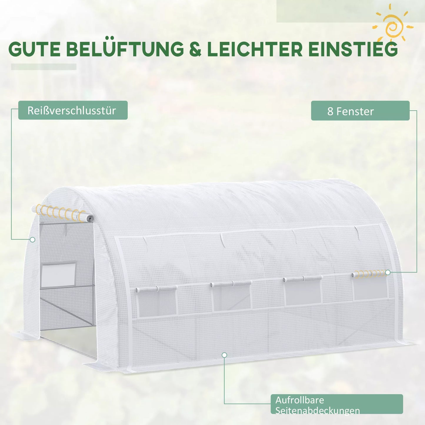 Tunelinis šiltnamis, įeinamas, suskleidžiamos sienos, durys su užtrauktuku, cinkuotas plieninis rėmas, 4 x 3 x 2 m, baltas