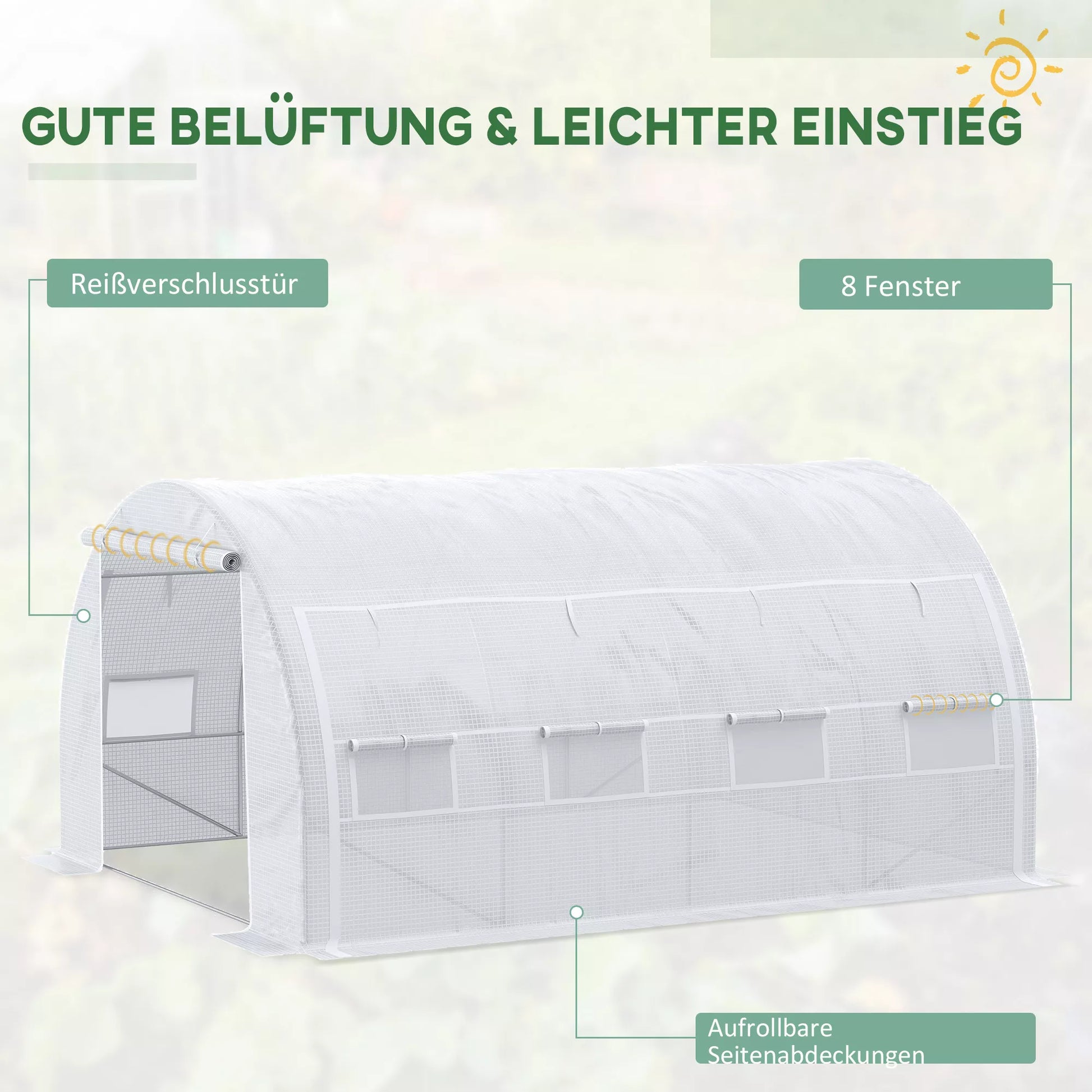 Tunelinis šiltnamis, įeinamas, suskleidžiamos sienos, durys su užtrauktuku, cinkuotas plieninis rėmas, 4 x 3 x 2 m, baltas