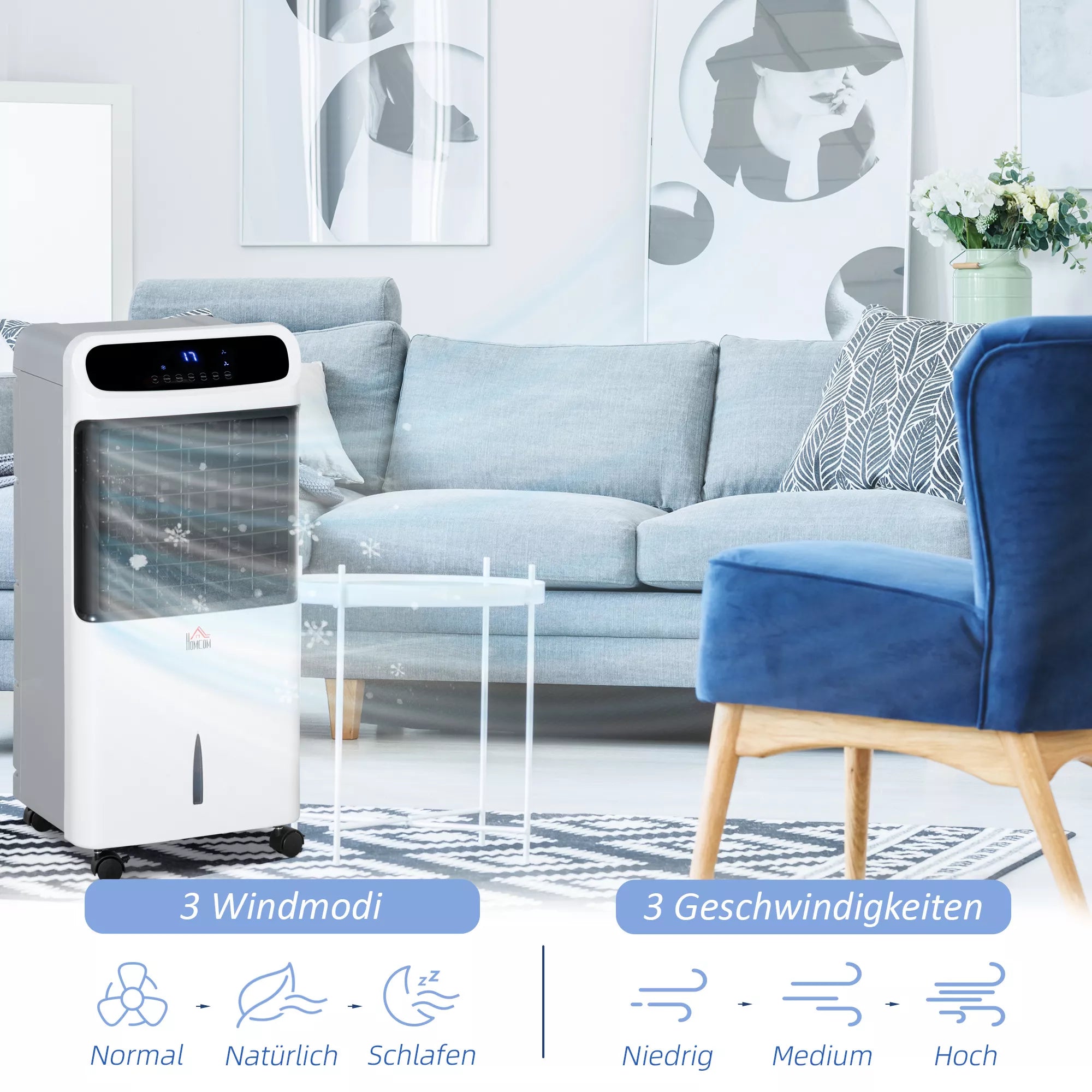 Oro kondicionierius su vandens aušinimu, nuotolinio valdymo pultu, 3 režimais, 3 greičiais, 12 val. laikmačiu, LED ekranu, 38x35x81 cm, baltas