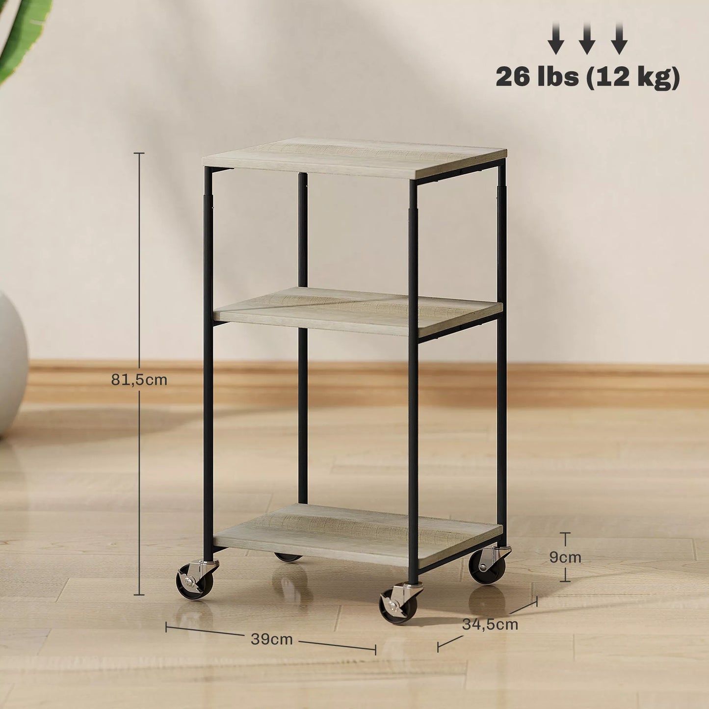 Spausdintuvo stovas su 3 lentynomis, reguliuojamo aukščio, mobilus spausdintuvo vežimėlis su ratukais, namų biurui, metalo ir medžio