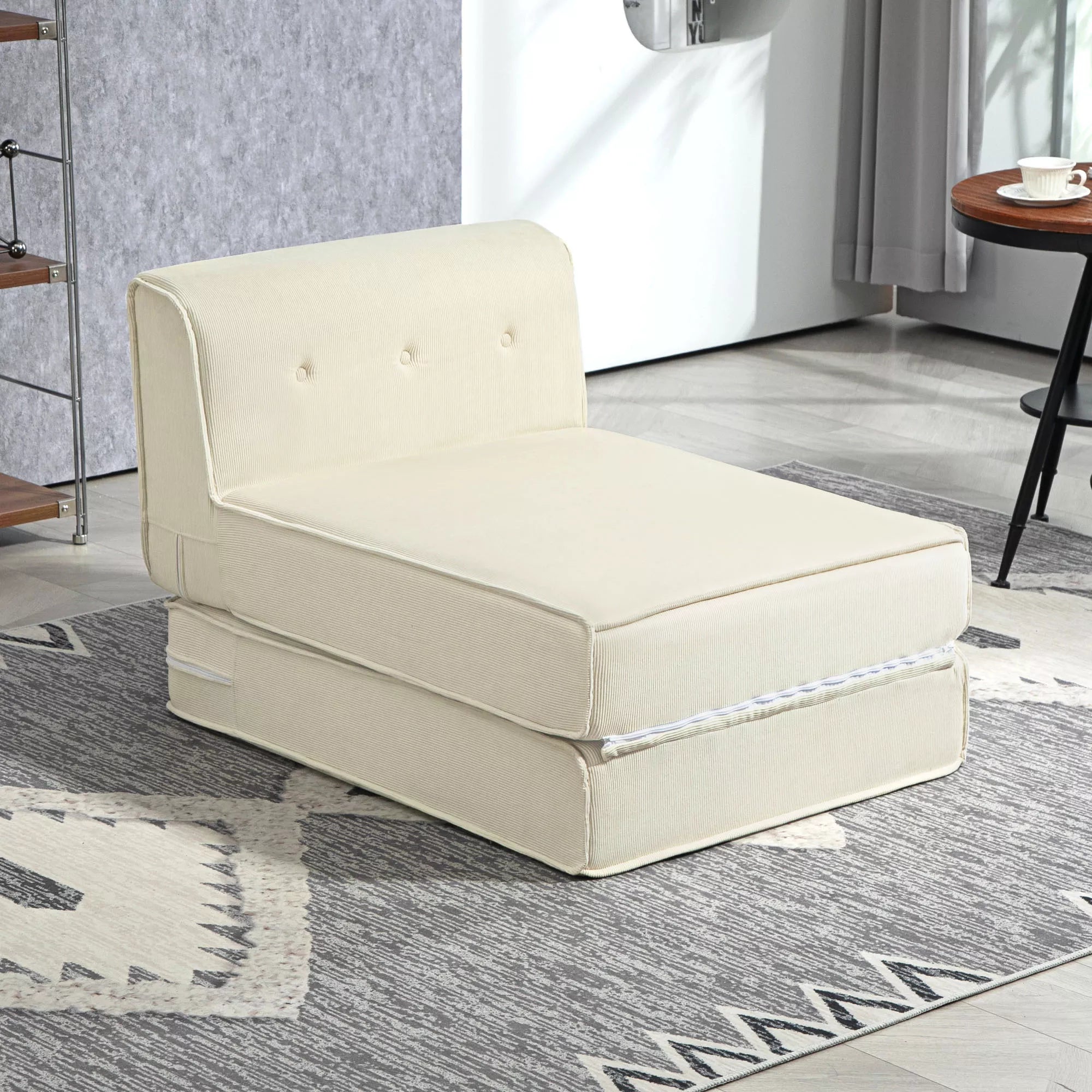 Grindų sofa, sulankstomas svečių čiužinys, lengvas, aksomuotas apvalkalas, 73x100x65 cm, kreminės baltos spalvos