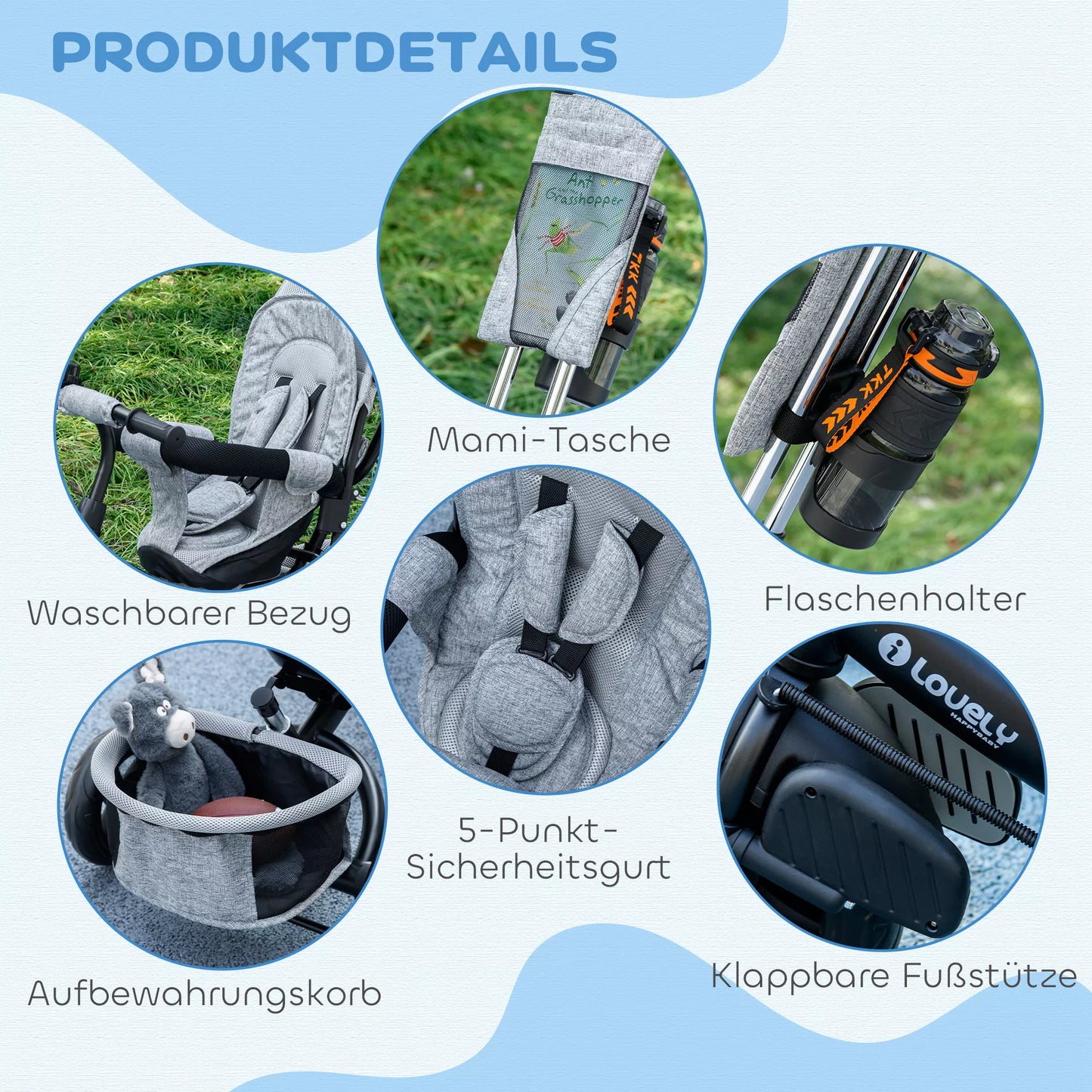 Vaikų triratukas, vaikiškas dviratukas, galinis krepšys, puodelio laikiklis, stogelis nuo saulės, metalinis, pilkas