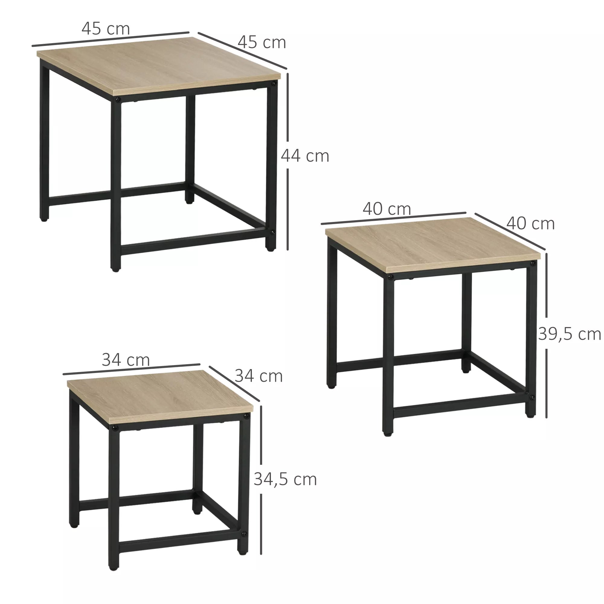 Kavos staliukų schema su matmenimis 45, 40 ir 34 cm